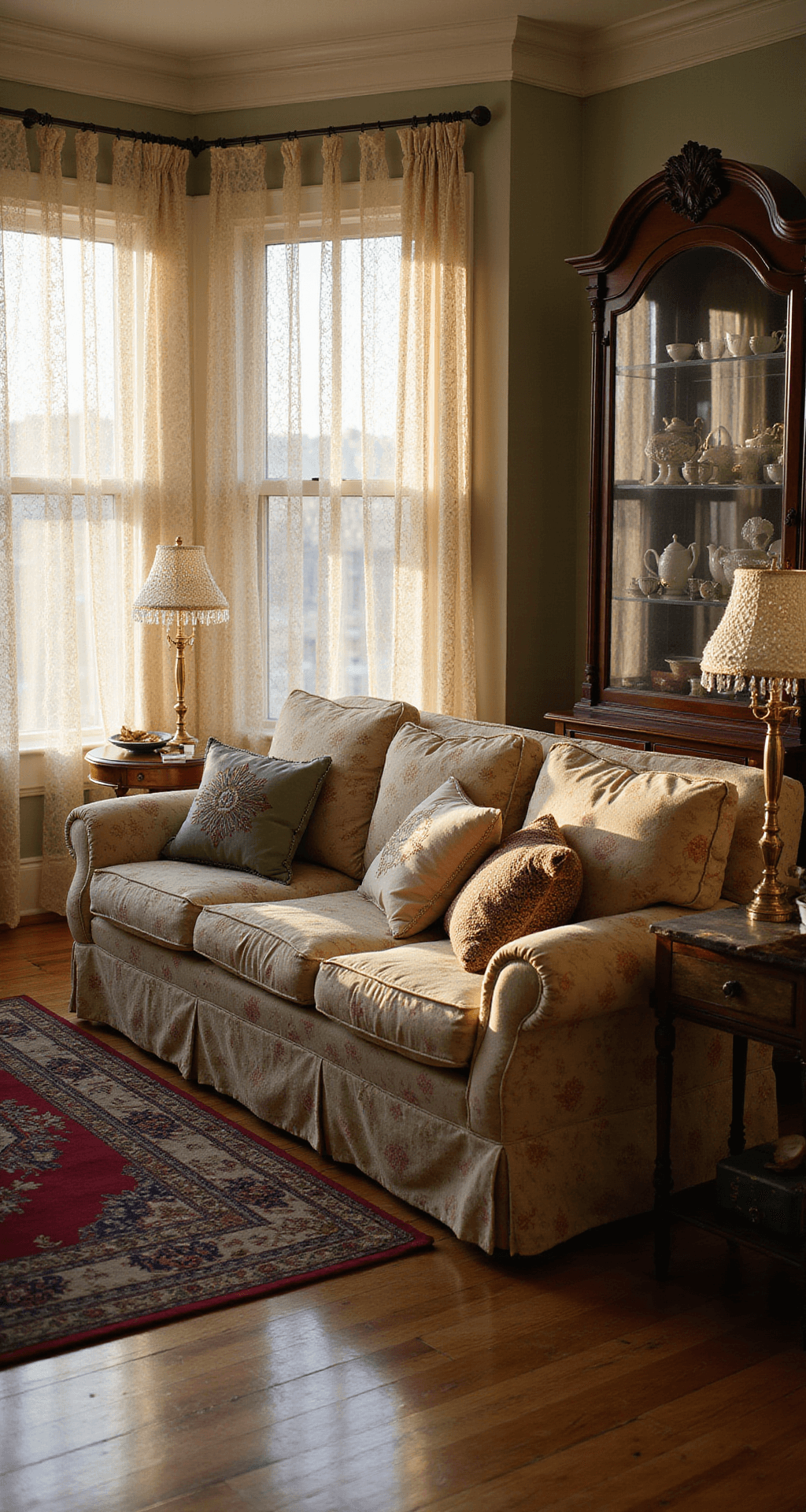 A sunlit living room featuring a floral chintz sofa with crocheted throws, embroidered cushions, lace curtains, hardwood floors, and a vintage Persian rug, all bathed in warm golden hour light.