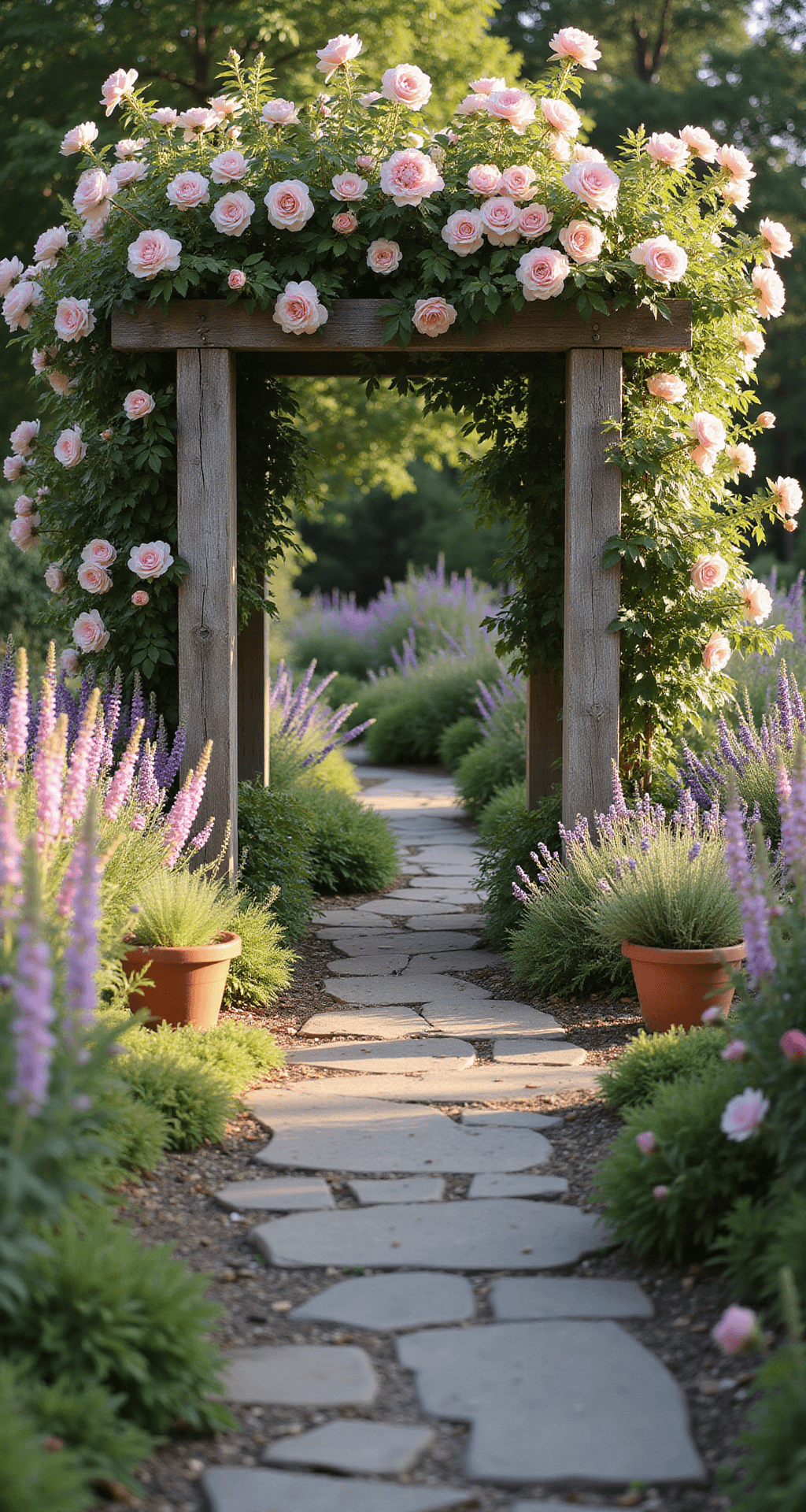 A sunlit garden filled with blooming lavender and climbing roses, featuring a winding stone pathway, a rustic wooden arch covered in pale pink 'New Dawn' roses, and foreground foxgloves and peonies in soft pastels, all captured in warm golden hour light with a dreamy depth of field.
