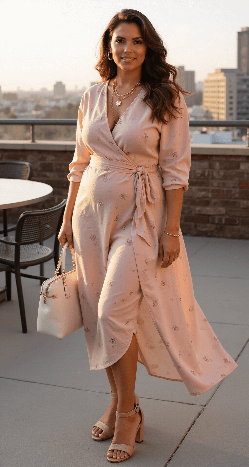 A curvy model poses confidently on a sun-drenched rooftop terrace at golden hour, wearing a blush pink wrap midi dress with a subtle floral pattern. The dress features delicate ruching at the waist and flows to mid-calf. She accessorizes with strappy nude sandals, layered gold necklaces, and a structured white leather handbag, with soft waves in her hair and minimal makeup. The city skyline blurs in the background, captured with an 85mm lens at f/2.8.