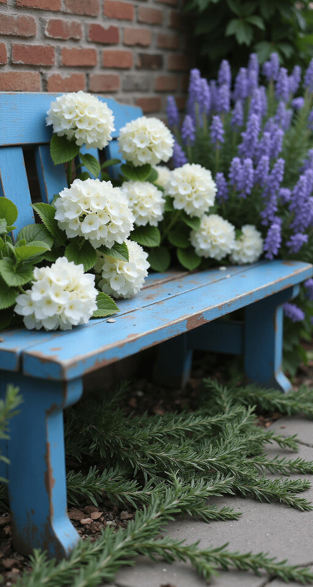 Intimate garden scene featuring a distressed blue wooden bench by a weathered brick wall, surrounded by white hydrangeas and purple campanula, with dew drops on petals and soft morning mist. Trailing rosemary cascades over antique stone pavers, illuminated by diffused natural light.