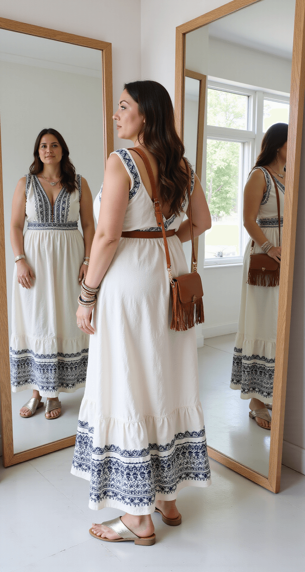 A plus-size influencer tries on a structured boho maxi dress with cream linen and navy embroidery in a bright, airy boutique, viewed from a three-quarter angle with reflections in triple mirrors.