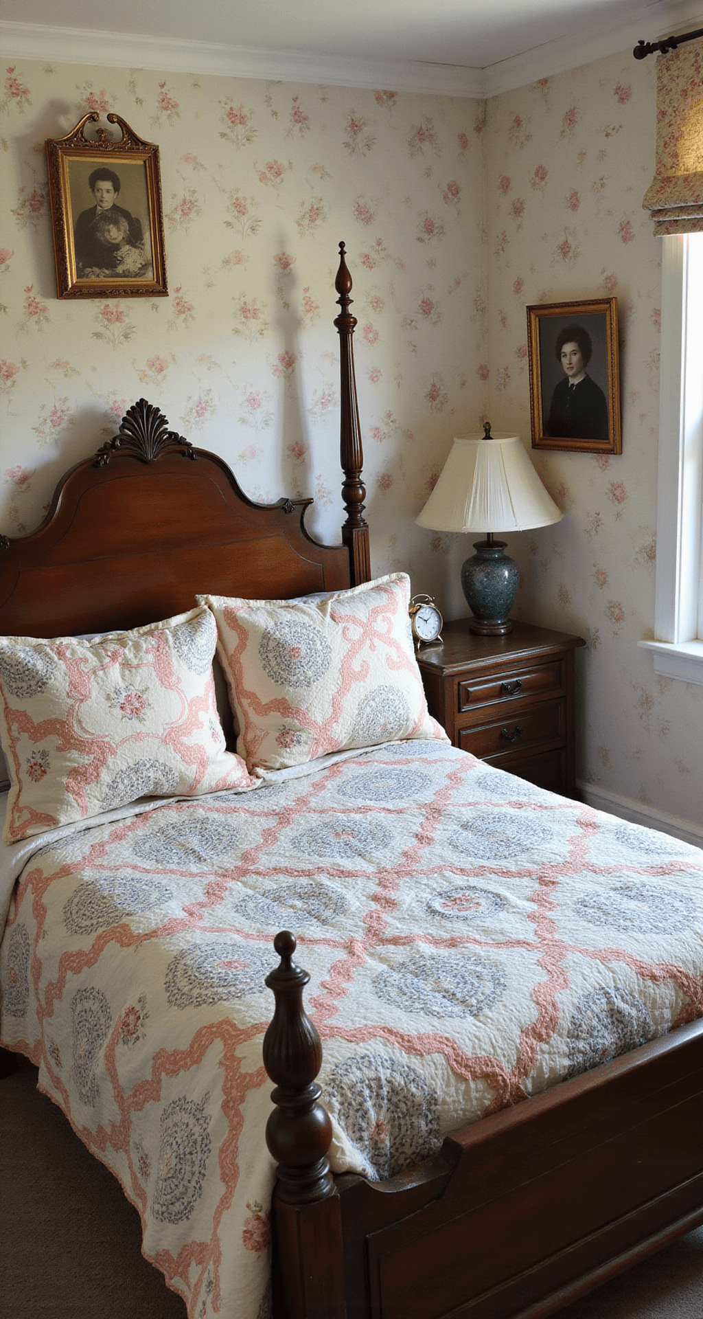A cozy 12x12ft bedroom filled with soft morning light, featuring a wooden four-poster bed draped in vintage quilts with Dresden plate patterns. The room has weathered brass accessories, antique alarm clocks, and delicate rose-patterned wallpaper, highlighted by gilt-framed family photos.