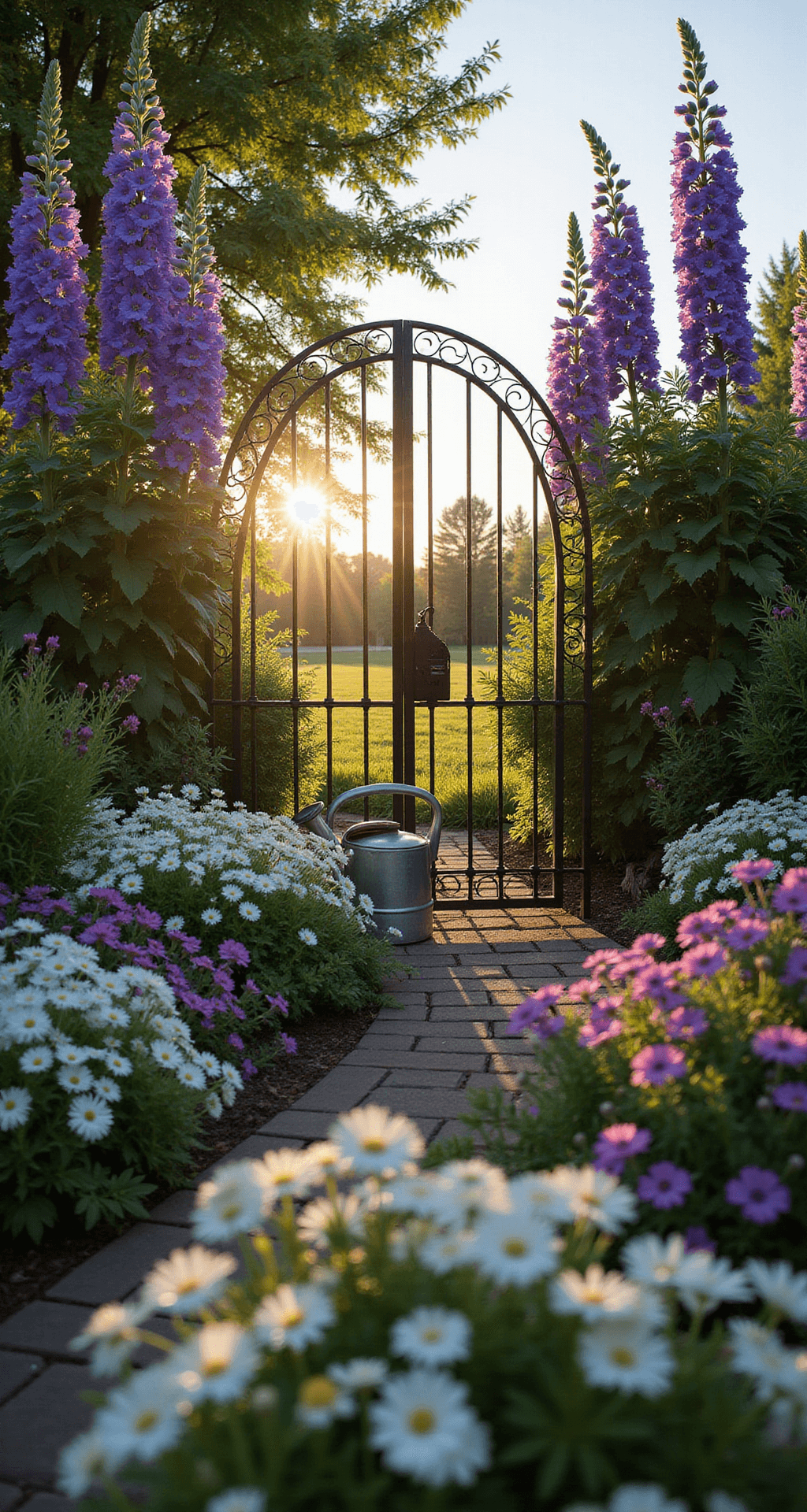 A corner garden scene at magic hour featuring a dramatic iron gate surrounded by tall delphiniums and hollyhocks, with a low angle view showcasing white alyssum and purple catmint in the foreground. A vintage zinc watering can is centered as the focal point, with light rays filtering through the gate creating a soft lens flare.
