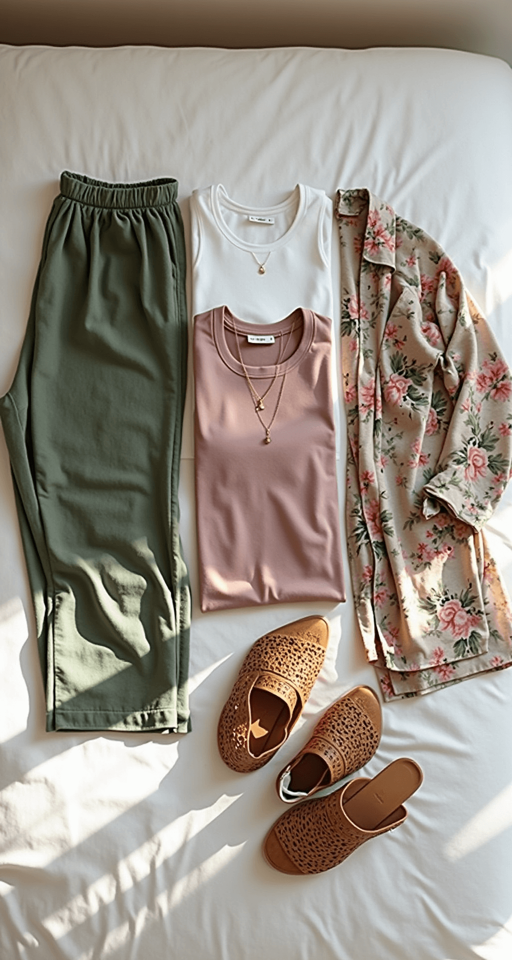A modern minimalist bedroom with warm afternoon light, showcasing a curated summer capsule wardrobe laid flat on a white duvet, including high-waisted sage green linen pants, fitted white tank tops, a mauve slouchy graphic tee, and a watercolor printed kimono, complemented by woven leather mules and delicate gold jewelry, captured in an overhead flat lay composition.
