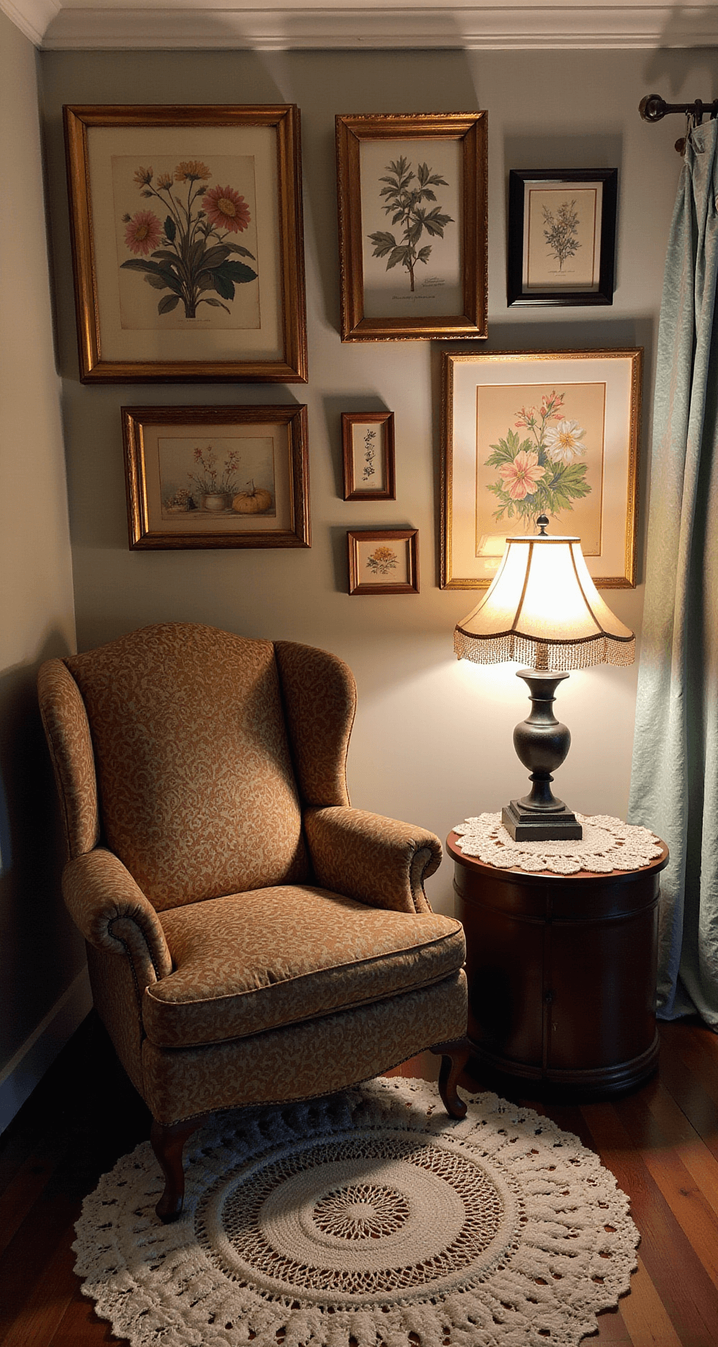 A cozy reading nook featuring an oversized wingback chair upholstered in William Morris-inspired fabric, beneath a gallery wall of vintage botanical prints in gilt frames. Crocheted doilies adorn surfaces, including a drum table with a Victorian-era lamp casting warm light. The scene is viewed from above, highlighting layered textiles and inviting ambiance at twilight.