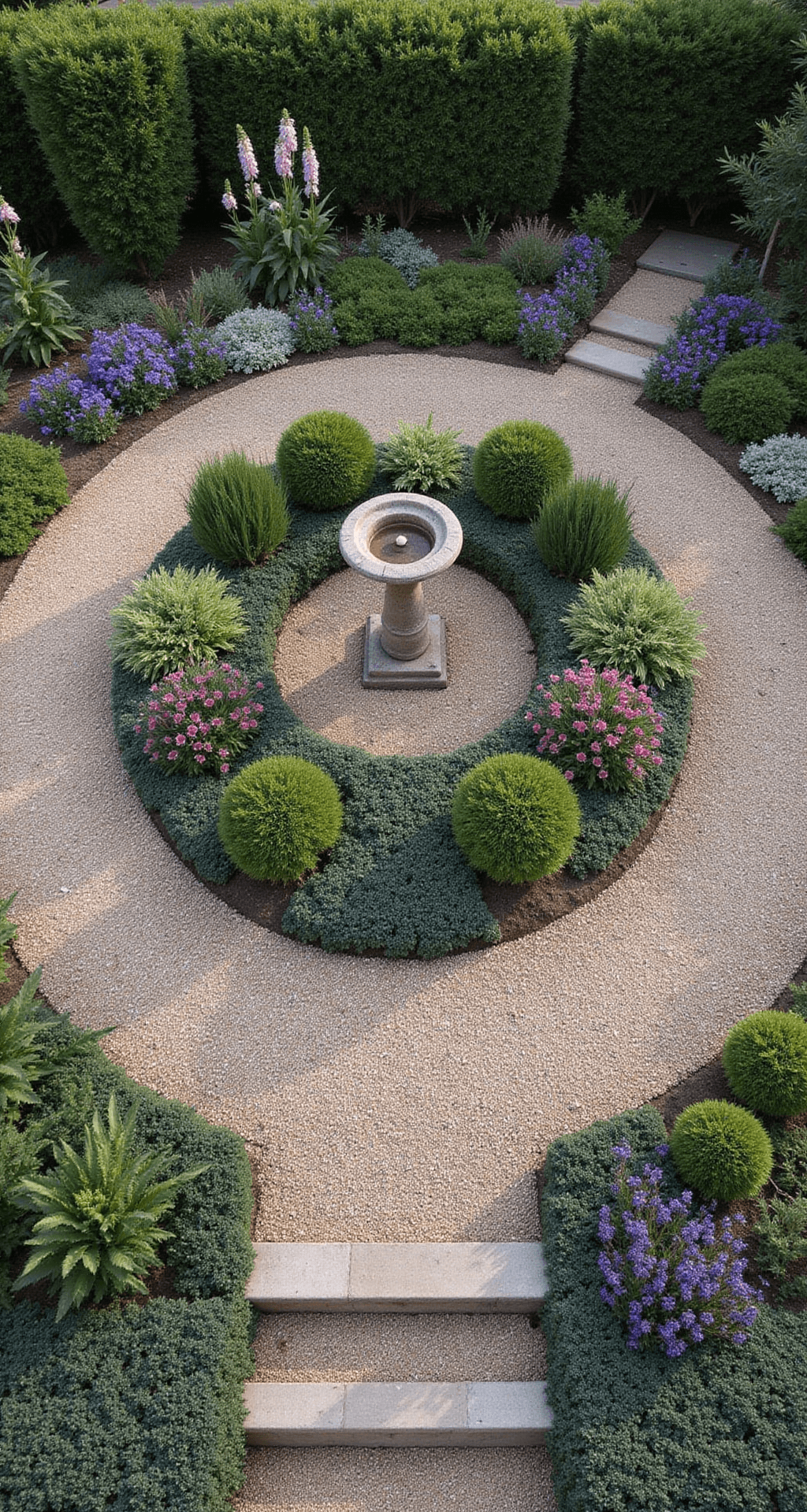Overhead view of a circular garden room with curved gravel paths, featuring a central stone birdbath and concentric plantings: tall verbascum and foxgloves in the back, mid-height peonies and salvias in the middle, and creeping thyme ground cover at the front, all illuminated by soft morning light in a muted color palette of silvers, purples, and pinks.
