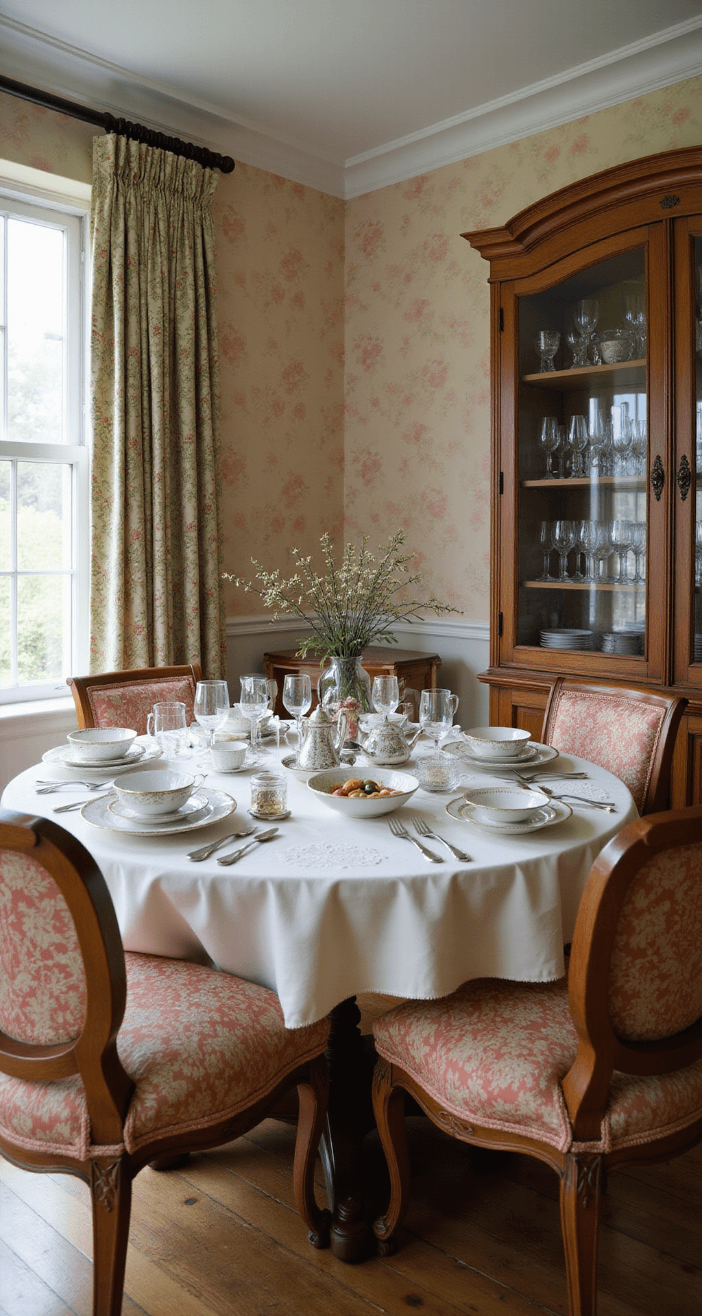 Spacious dining room with round oak pedestal table set for afternoon tea, featuring hand-embroidered linen, fine china, and silver serving pieces, against a backdrop of floral wallpaper and a pressed glass cabinet displaying crystal stemware.