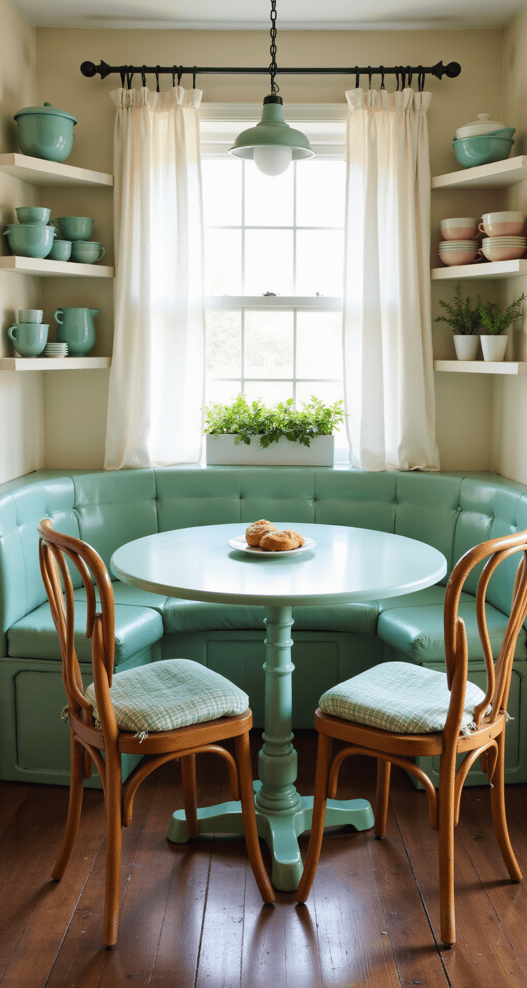 A cozy kitchen nook featuring a restored 1950s mint green table and gingham-cushioned bentwood chairs, with open shelving displaying jadeite and pastel Pyrex dishes, and ruffled curtains framing a window box filled with fresh herbs, all illuminated by natural morning light.