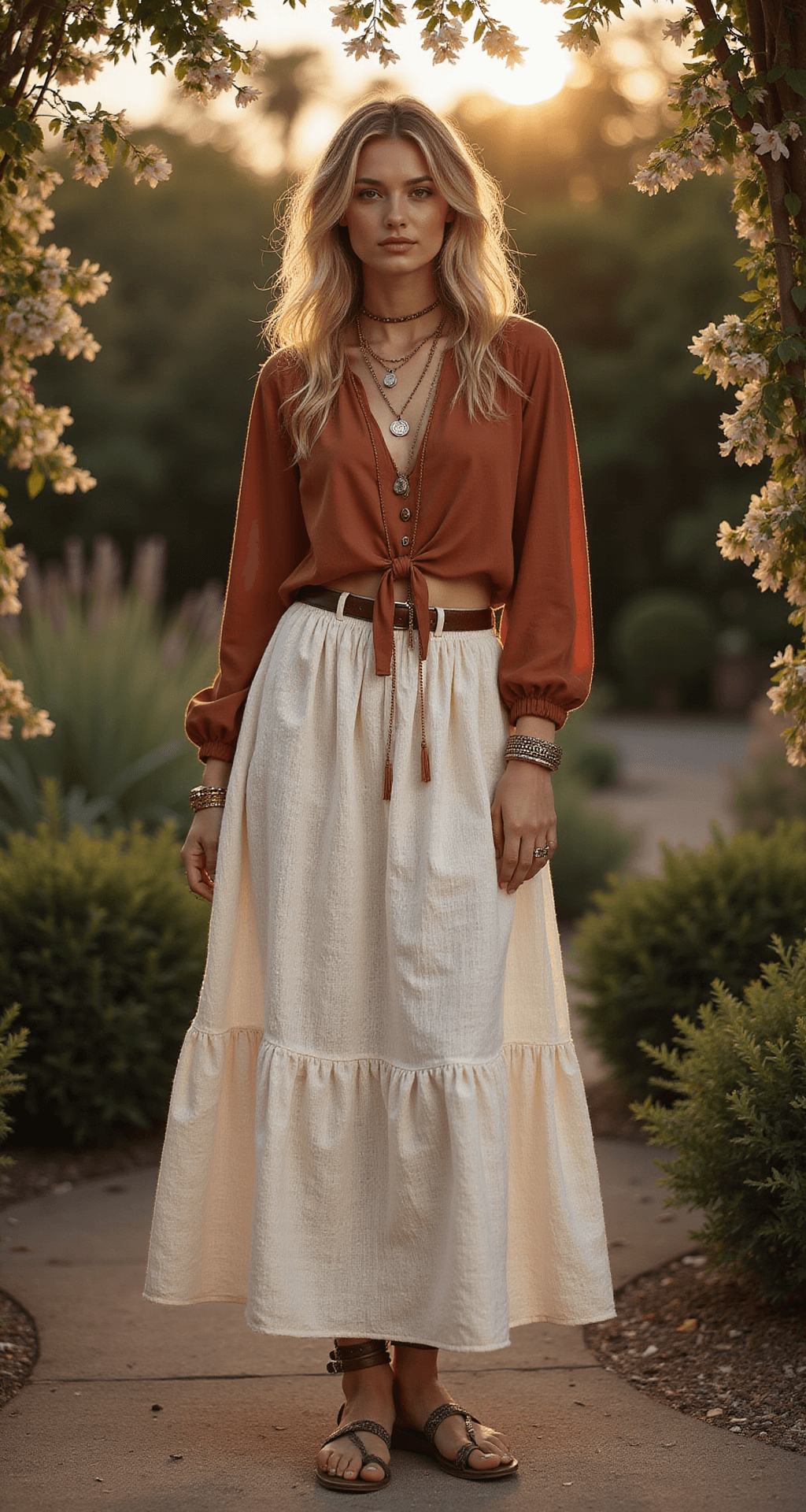 A model in a cream maxi skirt and rust-colored blouse poses in a bohemian outdoor garden at magic hour, surrounded by flowering branches, styled with layered necklaces and leather sandals, captured with a 135mm lens for an ethereal fashion look.
