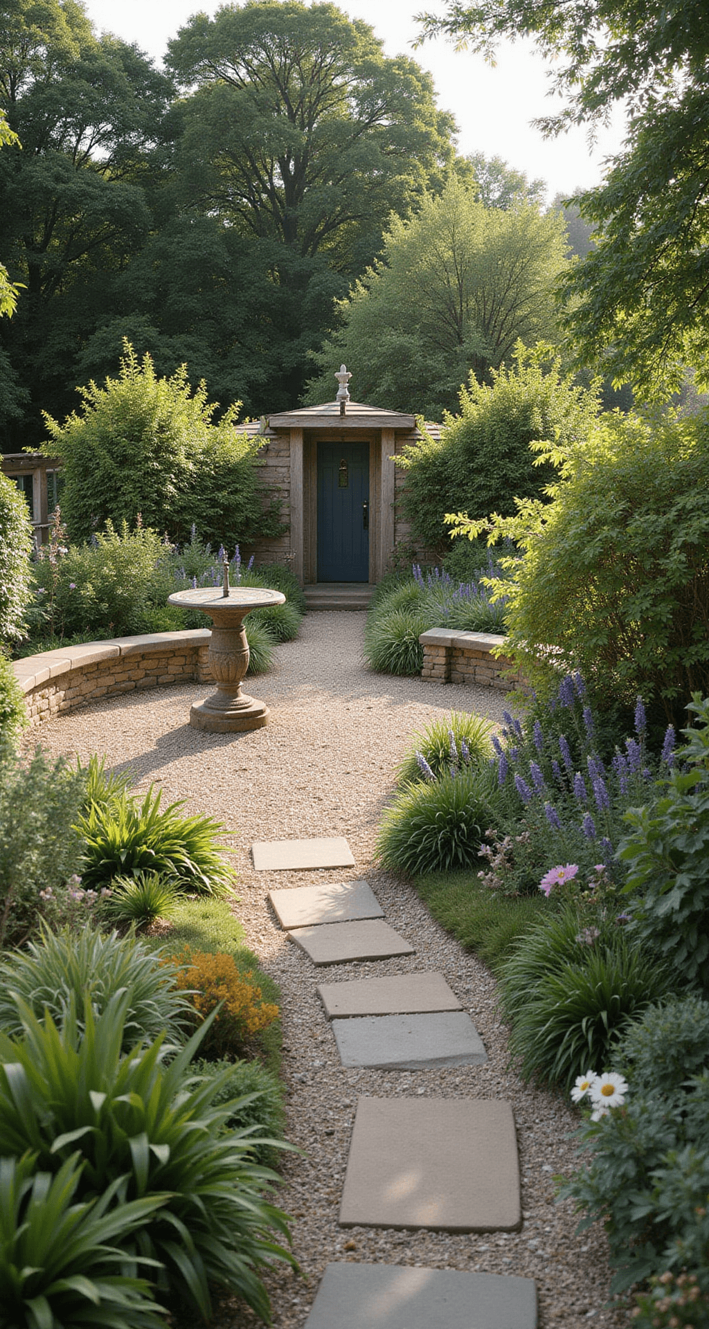 Wide shot of a cottage garden layout featuring gravel paths, stone walls, and wooden arbors in mid-morning light, showcasing a variety of plants, an antique sundial, and a weathered garden bench, all in sharp detail.