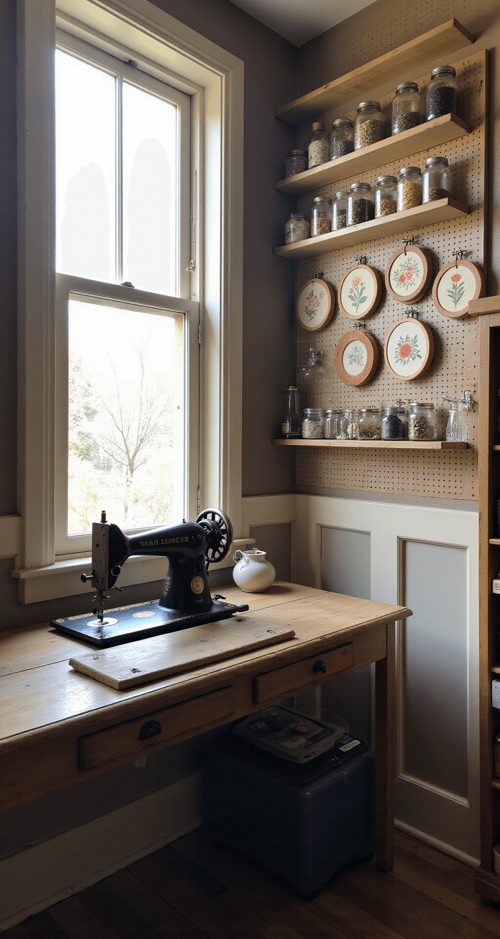 A cozy corner craft room with a weathered pine desk under a sunny window, featuring antique spools and a Singer sewing machine. The pegboard wall is adorned with vintage embroidery hoops showcasing florals, while a collection of ball jars sparkles on open shelving. The photo is taken at a 45-degree angle, emphasizing the inviting workspace and warm afternoon light.