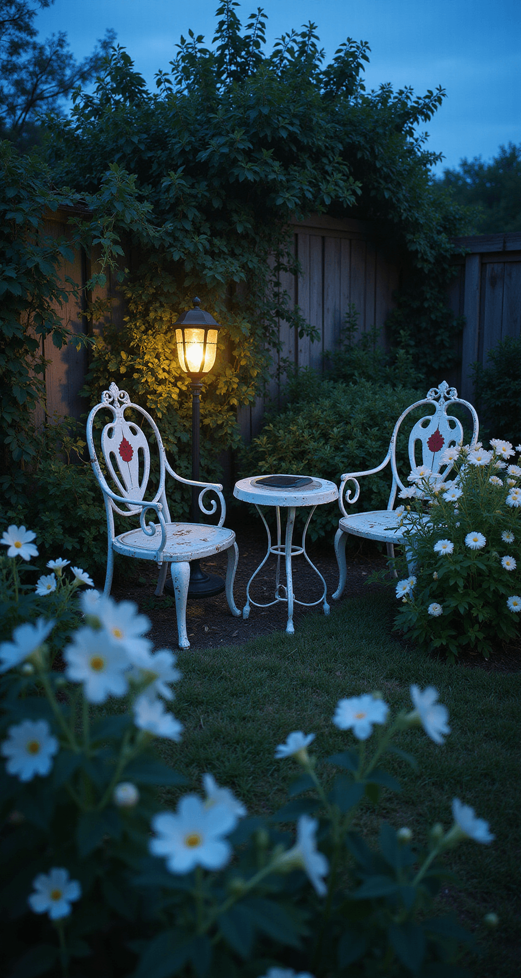 A twilight garden scene featuring a cozy seating area with vintage iron chairs surrounded by white flowering tobacco and evening primrose, illuminated by solar lanterns, with a backdrop of climbing moonflower vines, all captured in cool tones during blue hour with flowers opening at dusk.