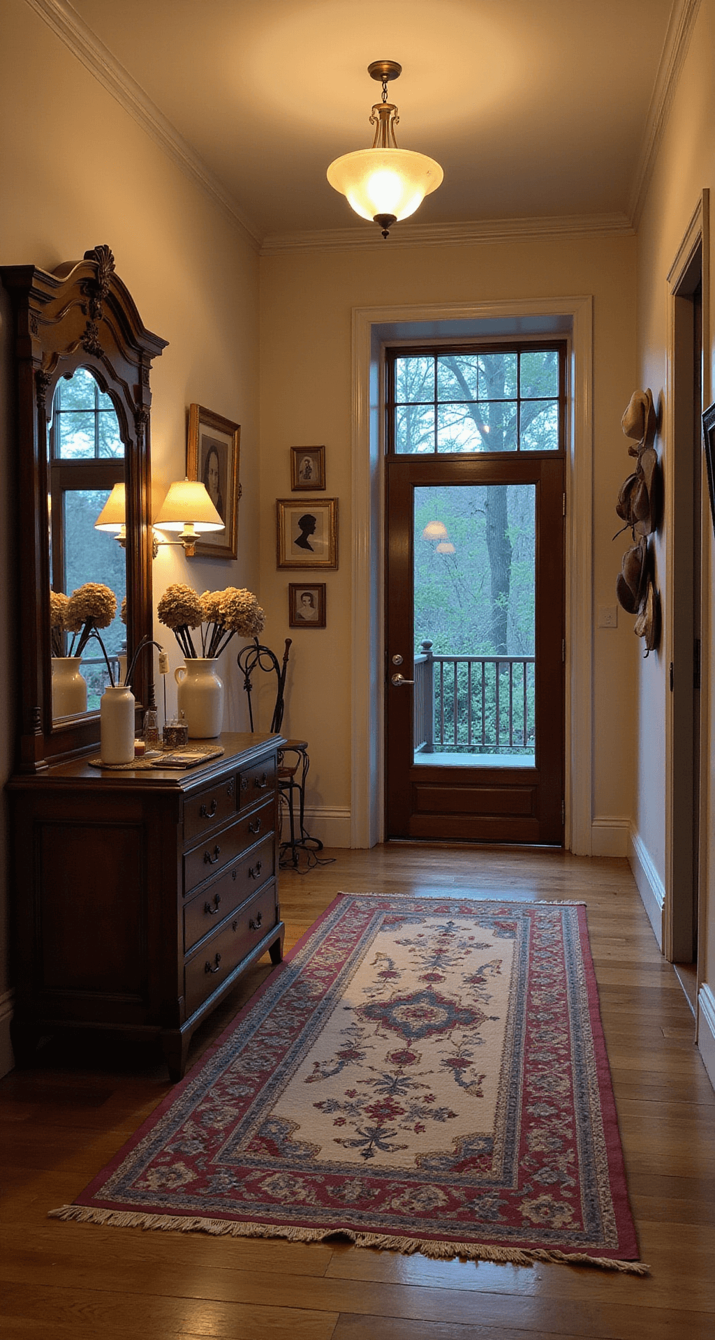 Welcoming entryway at dusk featuring a Victorian hall tree with a beveled mirror, warm sconce lighting, a faded jewel-toned runner, silhouette portraits, a vintage hat collection, a brass umbrella stand, and a milk glass vase of dried hydrangeas, shot from the perspective of the front door.