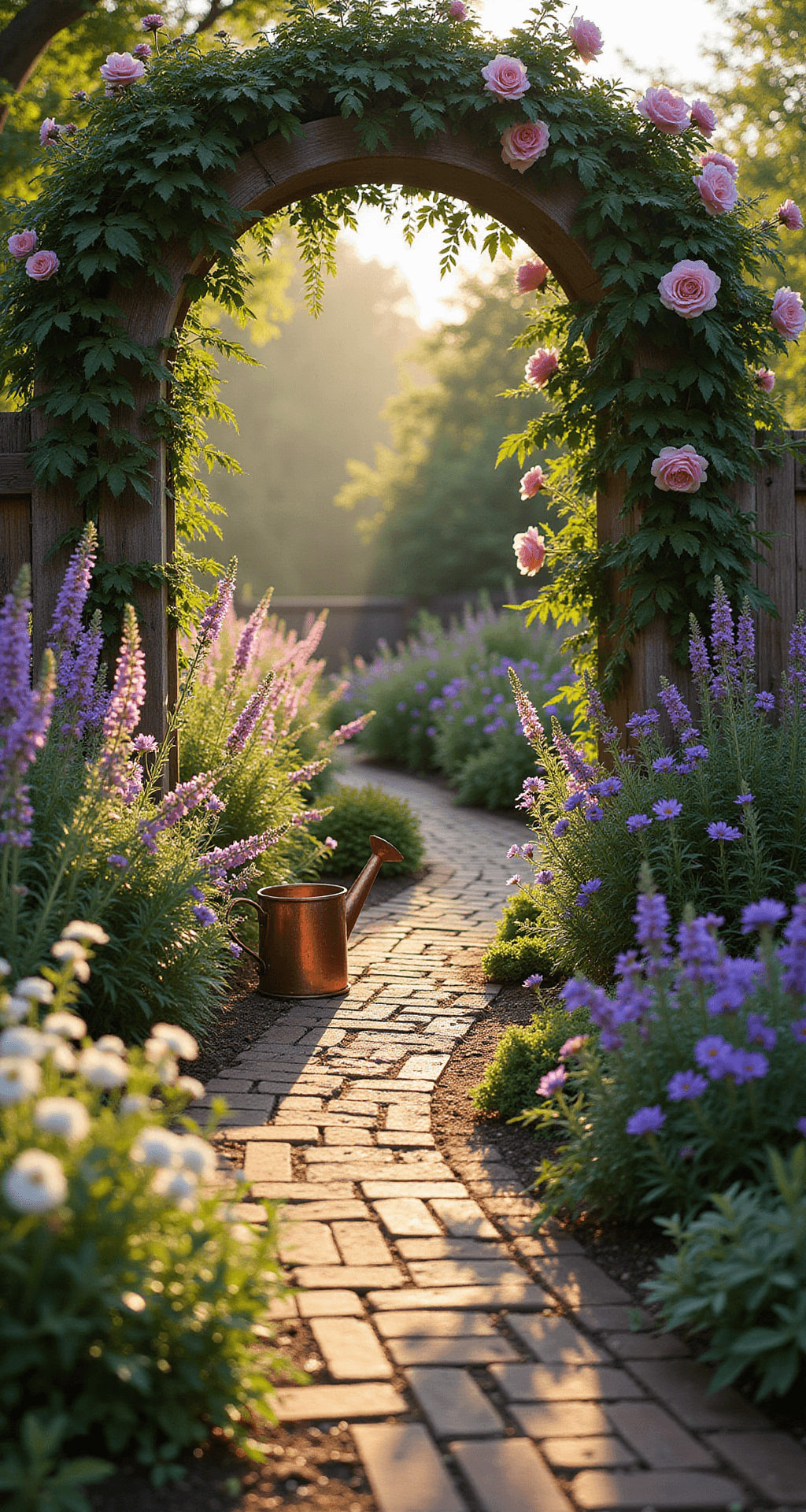 A low-angle view of a sunlit cottage garden featuring a winding brick pathway, a weathered wooden arch with climbing roses, and vibrant flowers including lavender, foxgloves, and cosmos, illuminated by morning light with a vintage copper watering can nestled among wild geraniums.
