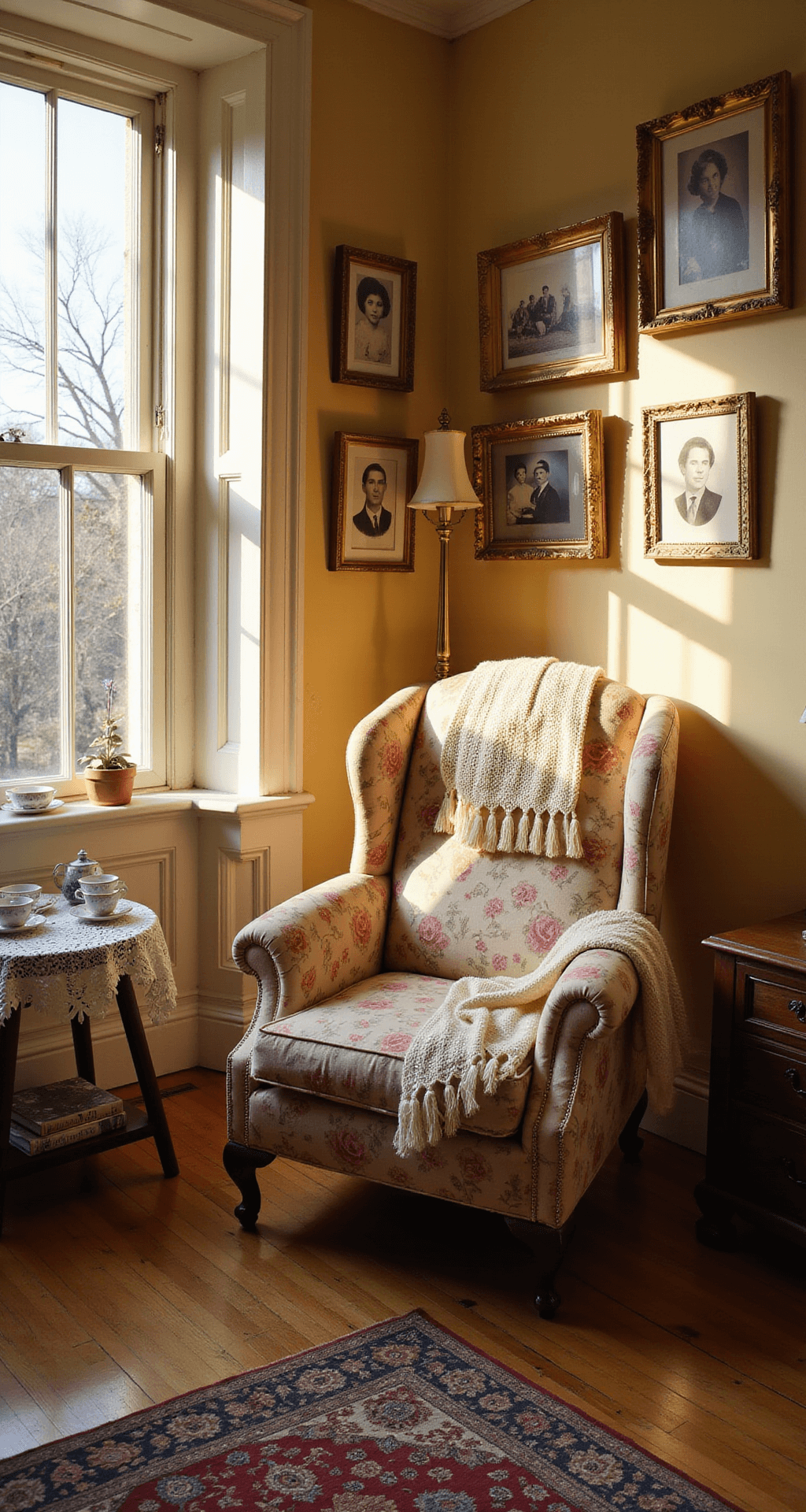 A cozy living room during golden hour, featuring a wide bay window, weathered hardwood floors, an oversized floral wingback chair with a cream crocheted throw, a vintage brass floor lamp, and walls decorated with sepia family photos in golden frames. A Persian rug anchors the space, and a doily-covered side table displays a collection of porcelain teacups, all bathed in warm, honeyed light.