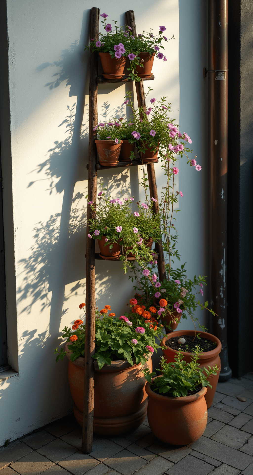 Intimate urban balcony scene featuring a wooden trellis adorned with cascading sweet peas in soft pinks and purples, intermingled with climbing nasturtiums. Weathered terracotta pots arranged asymmetrically against a whitewashed wall, illuminated by late afternoon side-lighting, creating dramatic shadows and a rich, moody atmosphere.