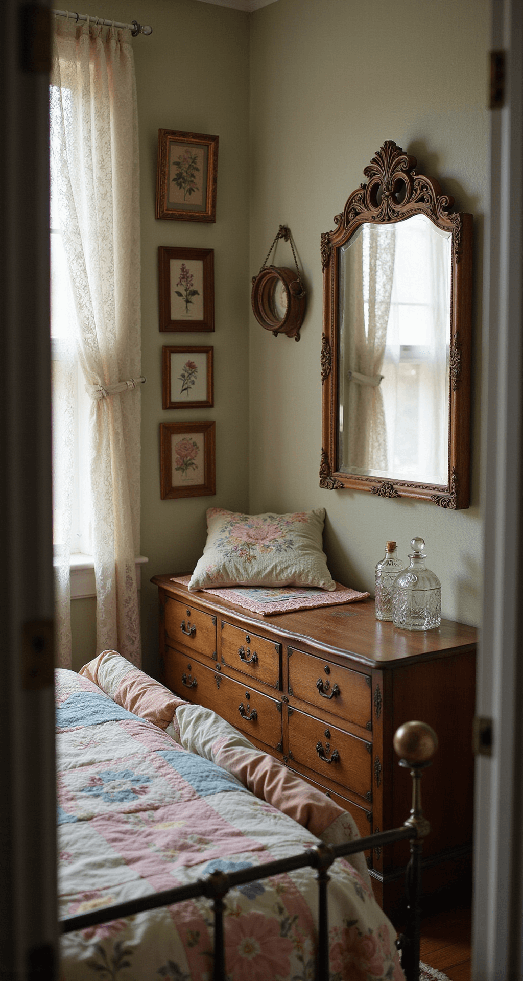 Intimate bedroom corner with antique dresser and ornate mirror, morning light through lace curtains, hand-stitched quilt on brass bed, vintage floral pillowcases, embroidered botanical art on walls, crystal perfume bottles on dresser, low angle shot capturing dreamy atmosphere and layered textures.