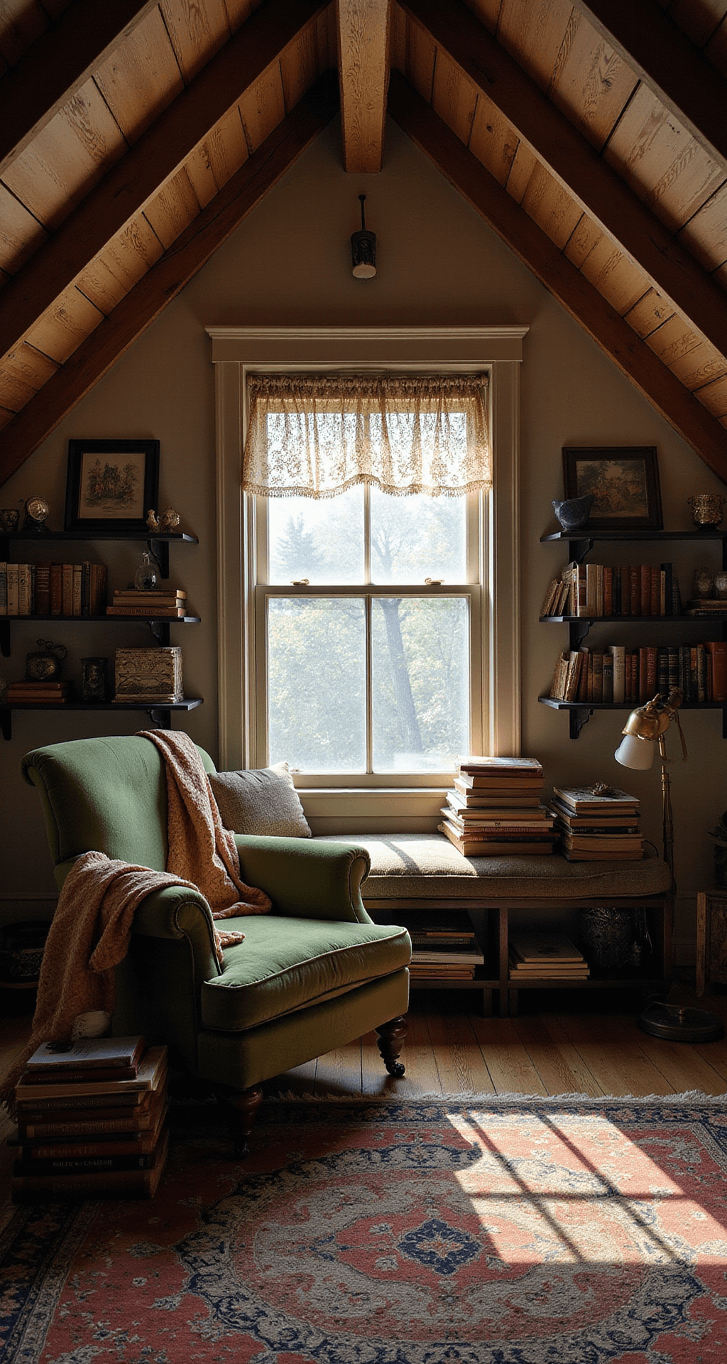 Cozy attic reading nook featuring exposed wooden beams and a dormer window with a cushioned seat, illuminated by afternoon light filtering through vintage lace curtains. An oversized sage green velvet armchair is surrounded by stacked antique books and a casually draped autumn-colored afghan, with a brass reading lamp and family trinkets on floating shelves, all captured from below to highlight the ceiling's architecture and create a moody, intimate atmosphere.