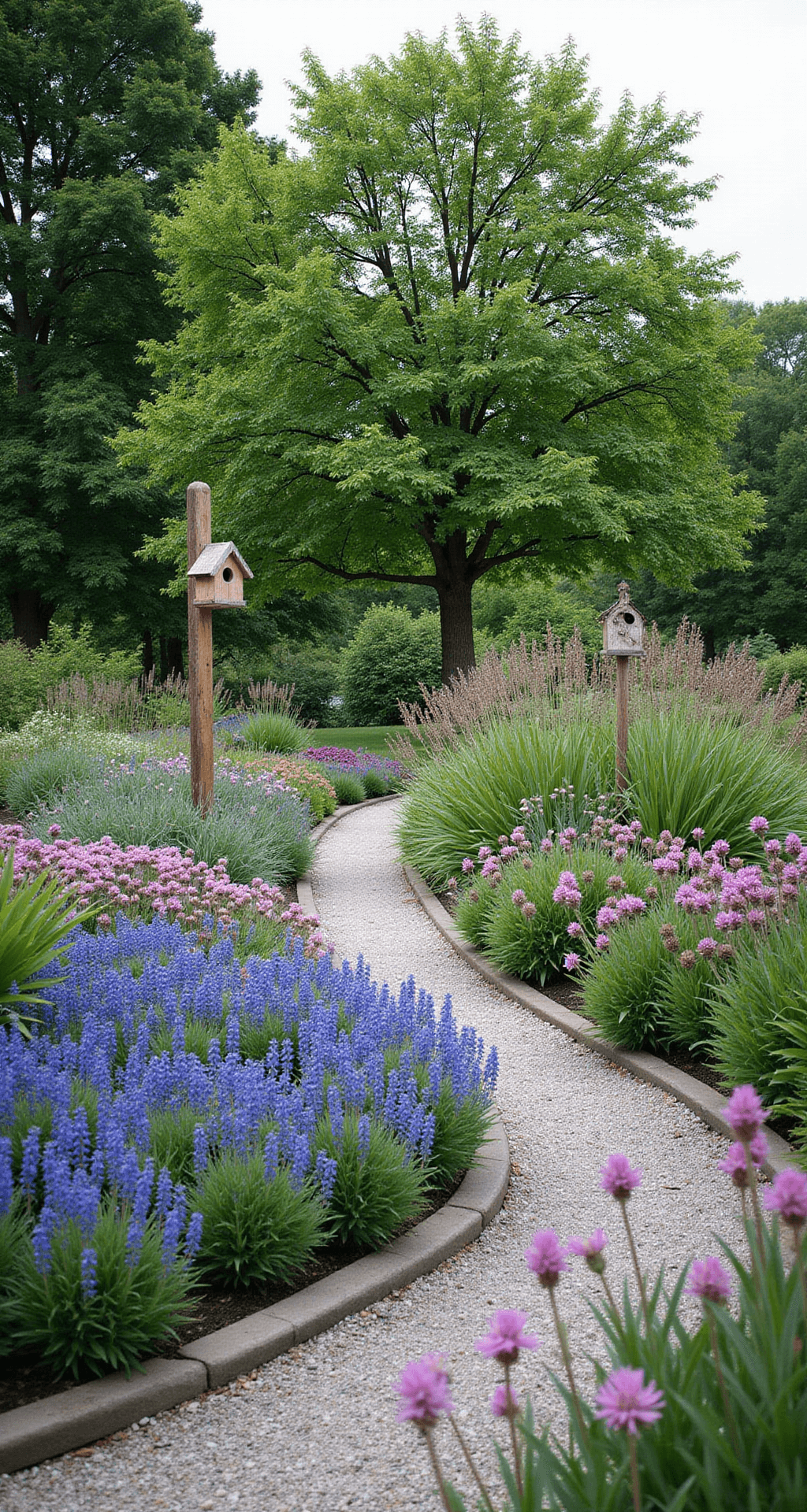A wide-angle view of a corner garden featuring a curved gravel path, lush plantings, and an espaliered apple tree. The foreground is filled with dense layers of blue salvias, pink dianthus, and purple alliums, complemented by a rustic birdhouse on an aged post, all captured in soft overcast lighting.