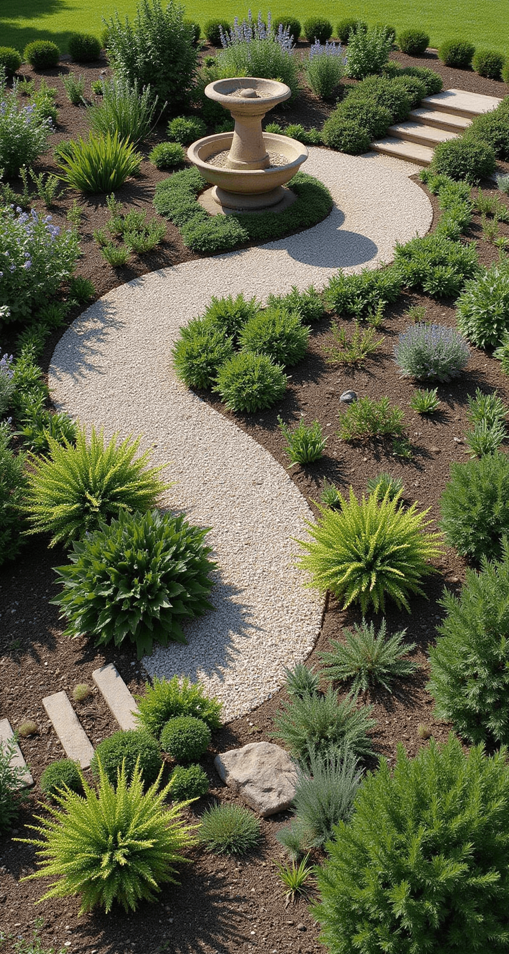 Overhead view of a circular garden with concentric plantings around a stone birdbath, featuring a winding gravel path through herb and flower beds, illuminated by morning light.