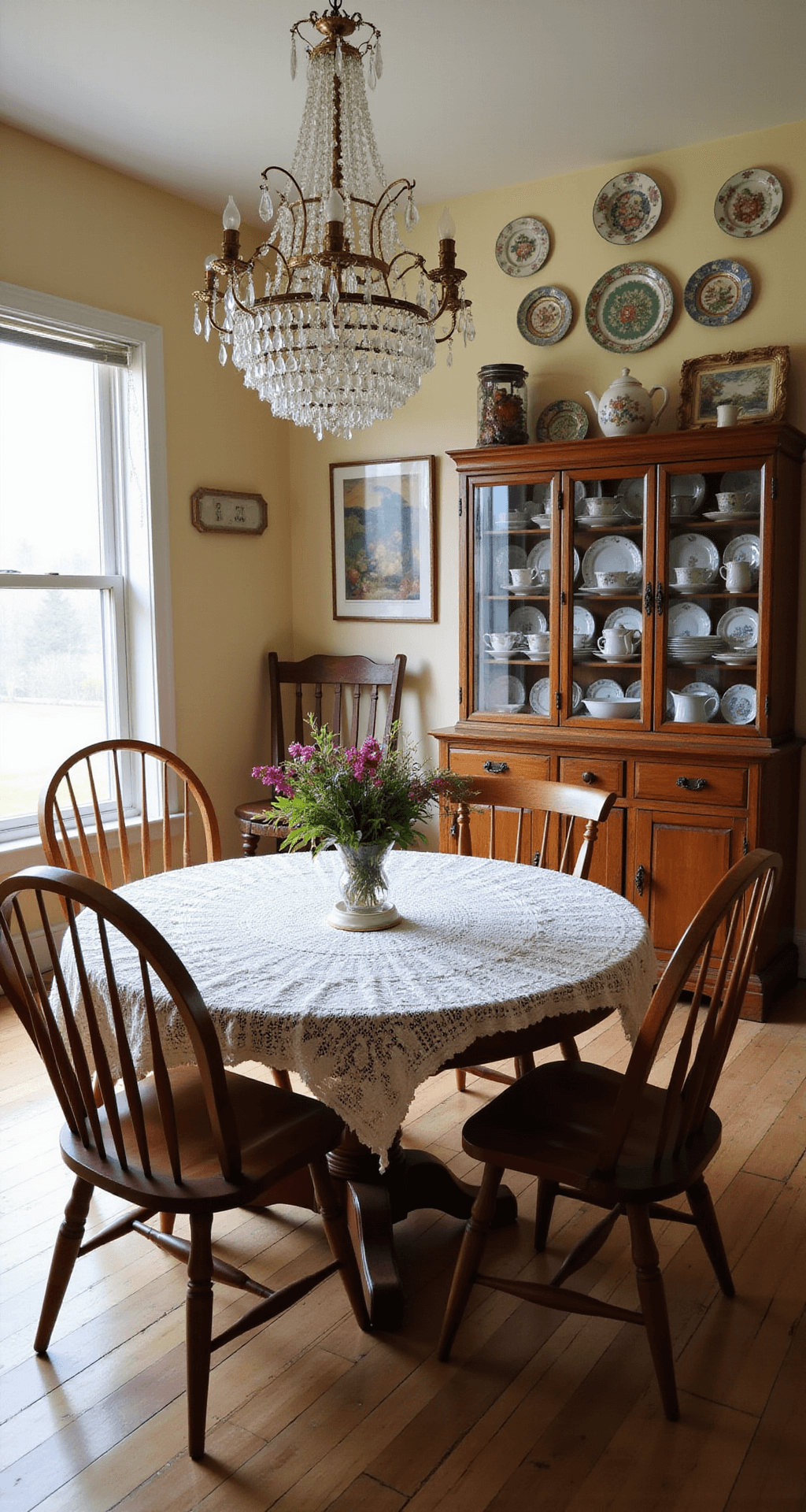 Spacious dining room with warm cream walls and natural light, featuring a round oak table with mismatched wooden chairs, a vintage china cabinet filled with floral-patterned teacups and plates, a hand-crocheted tablecloth, and a crystal vase of wildflowers. The scene is illuminated by a chandelier with vintage crystals, creating a bright and airy atmosphere.