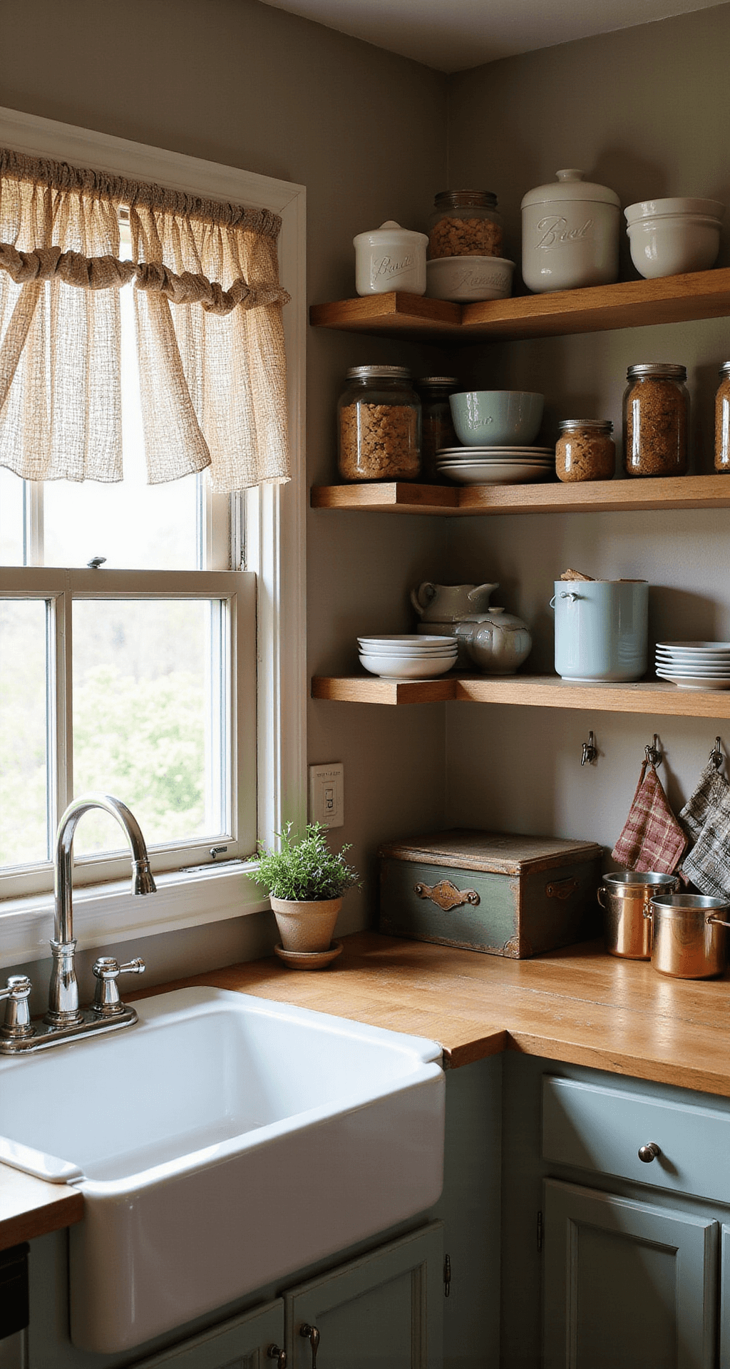 A cozy kitchen corner featuring open shelving with vintage Pyrex bowls and mason jars, a worn butcher block counter adorned with ceramic canisters and a bread box, handmade potholders hanging from hooks, and copper pots reflecting warm afternoon light. Gingham curtains frame a window above a porcelain sink, creating a layered, textured look in natural light.