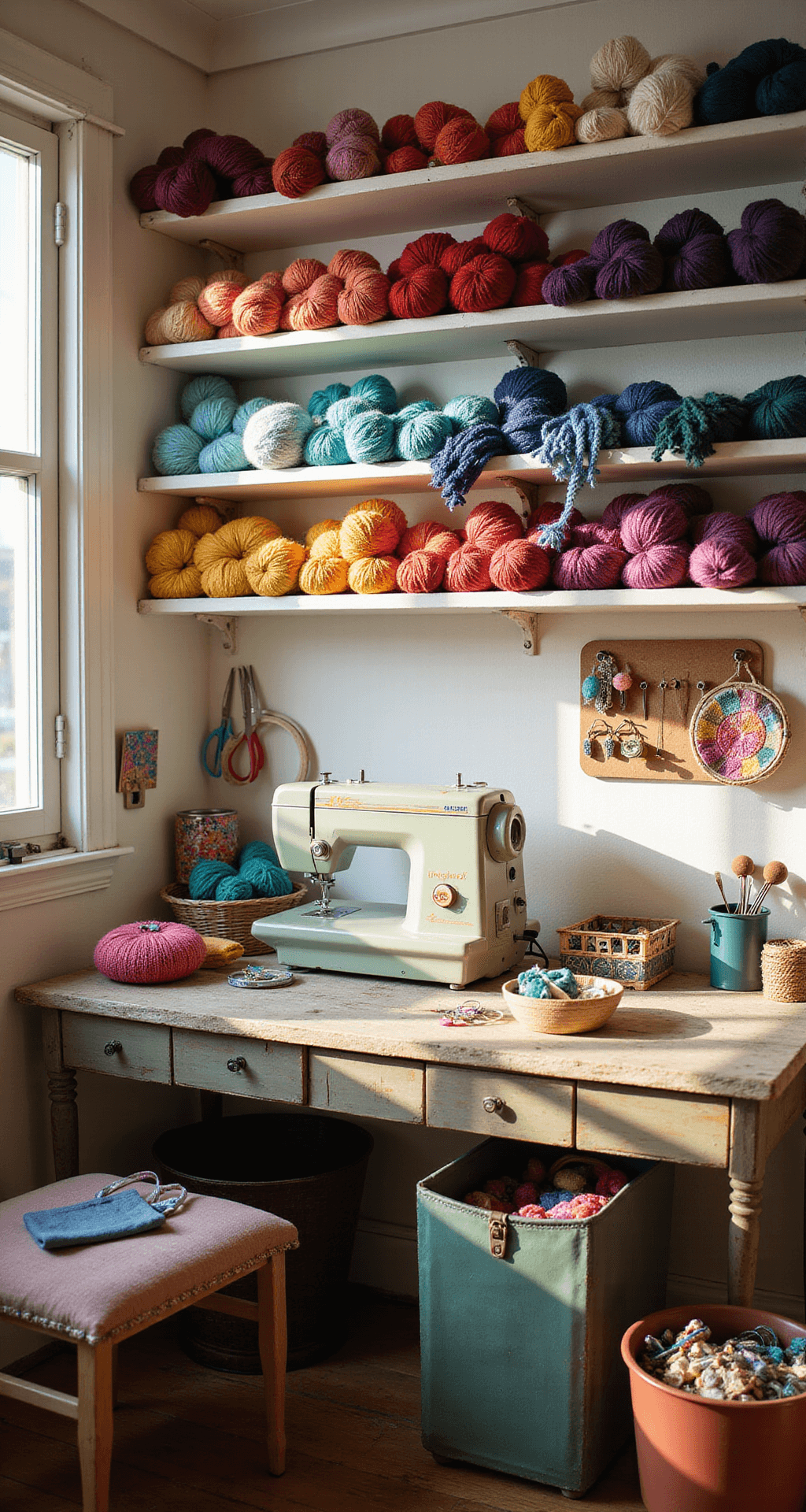 A well-organized craft room filled with morning light, featuring a vintage sewing machine on a weathered wooden table, colorful yarn on built-in shelves, a basket of knitting projects, scattered crafting tools, and an overhead view emphasizing detail and inspiring atmosphere.