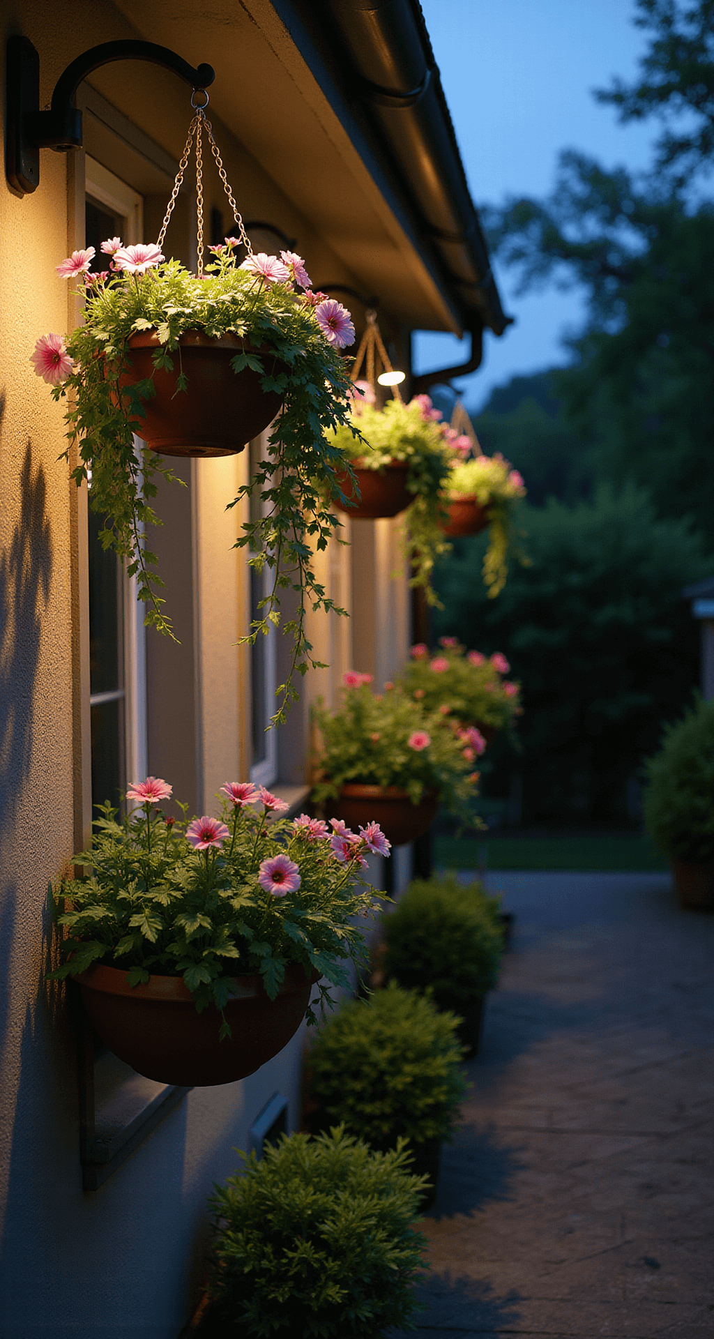 Twilight garden scene featuring illuminated hanging baskets of cascading lobelia and petunias, wall-mounted planters with herbs and compact flowers, and warm patio lights creating an intimate atmosphere, captured with long exposure for ambient evening light.