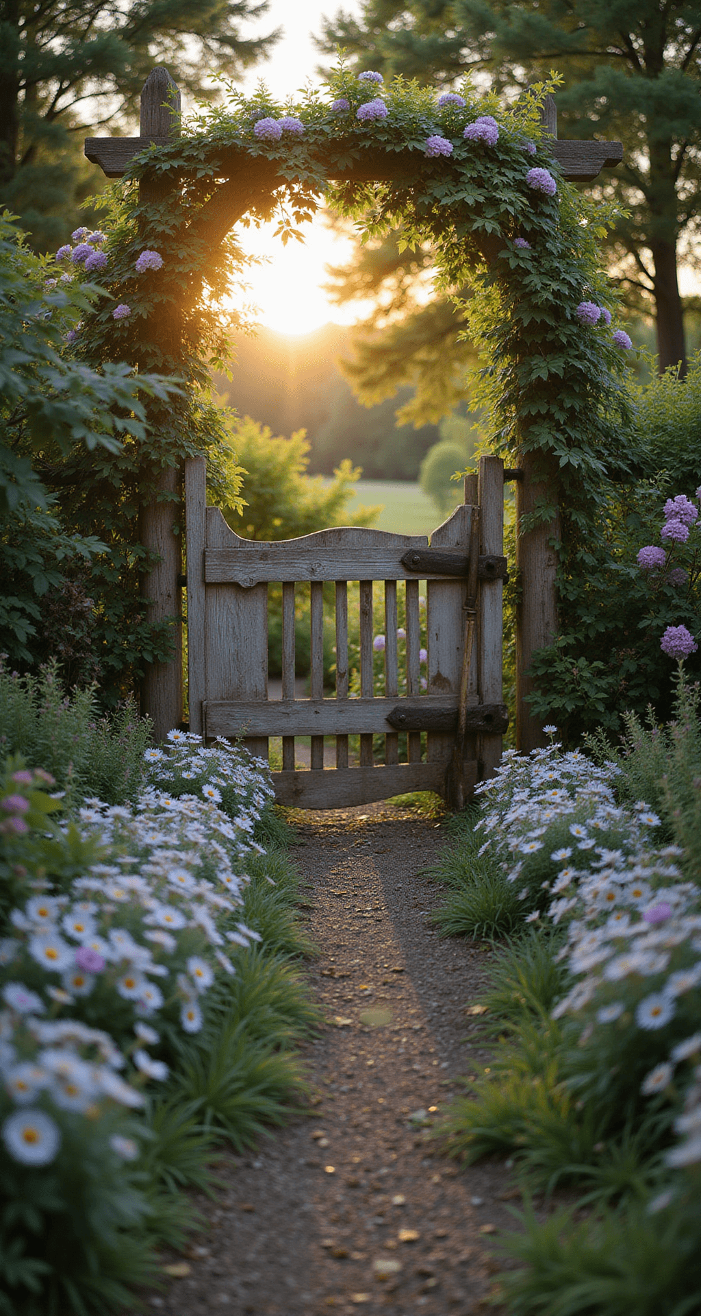 A charming cottage garden entrance featuring a rustic wooden gate adorned with climbing clematis and honeysuckle, surrounded by a colorful mixed border of cottage flowers. Vintage metal signs and weathered garden tools add decorative accents, all bathed in the warm glow of golden hour lighting with a soft lens flare effect.