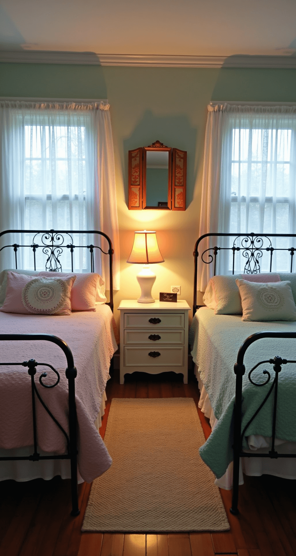 A cozy guest bedroom with twin iron-frame beds dressed in pale pink and mint vintage chenille bedspreads, illuminated by soft twilight light. A painted wooden nightstand featuring a doily and a milk glass lamp sits beside the beds. Framed needlepoint artwork adorns the walls, while a vintage vanity with a trifold mirror complements the space. A braided rug in pastel tones lies on the floor, enhancing the dreamy, peaceful atmosphere.