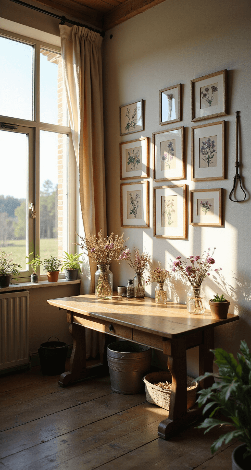 A cozy rustic home studio workspace bathed in golden afternoon light, featuring a wide wooden desk with dried wildflower arrangements, floating pressed flower frames on neutral walls, and vintage botanical prints, all set against weathered wooden floors and soft linen curtains.