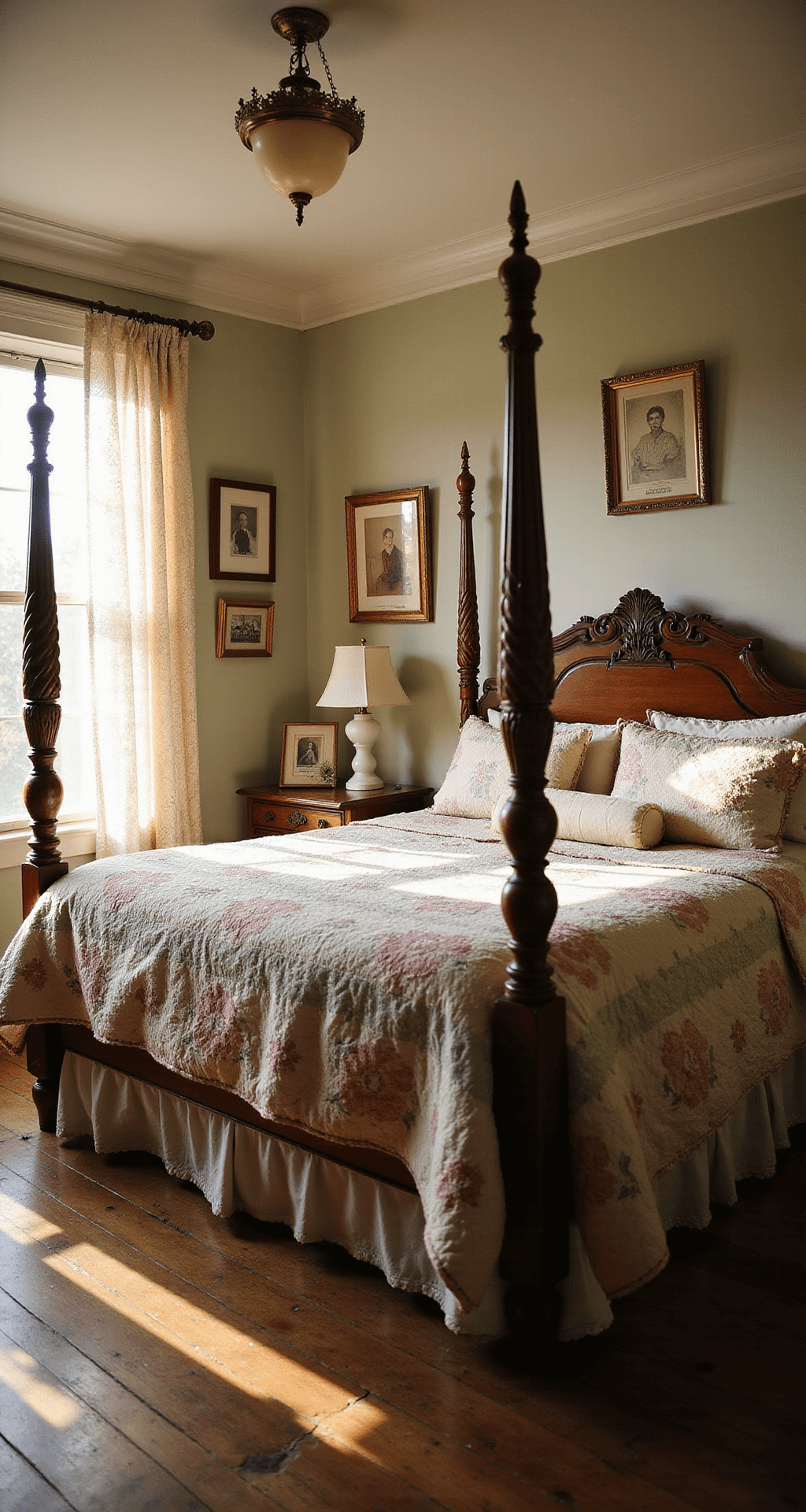 A sunlit vintage bedroom with a four-poster bed, layered quilts, lace curtains, and mismatched nightstands, captured at golden hour to highlight its height and nostalgic ambiance.