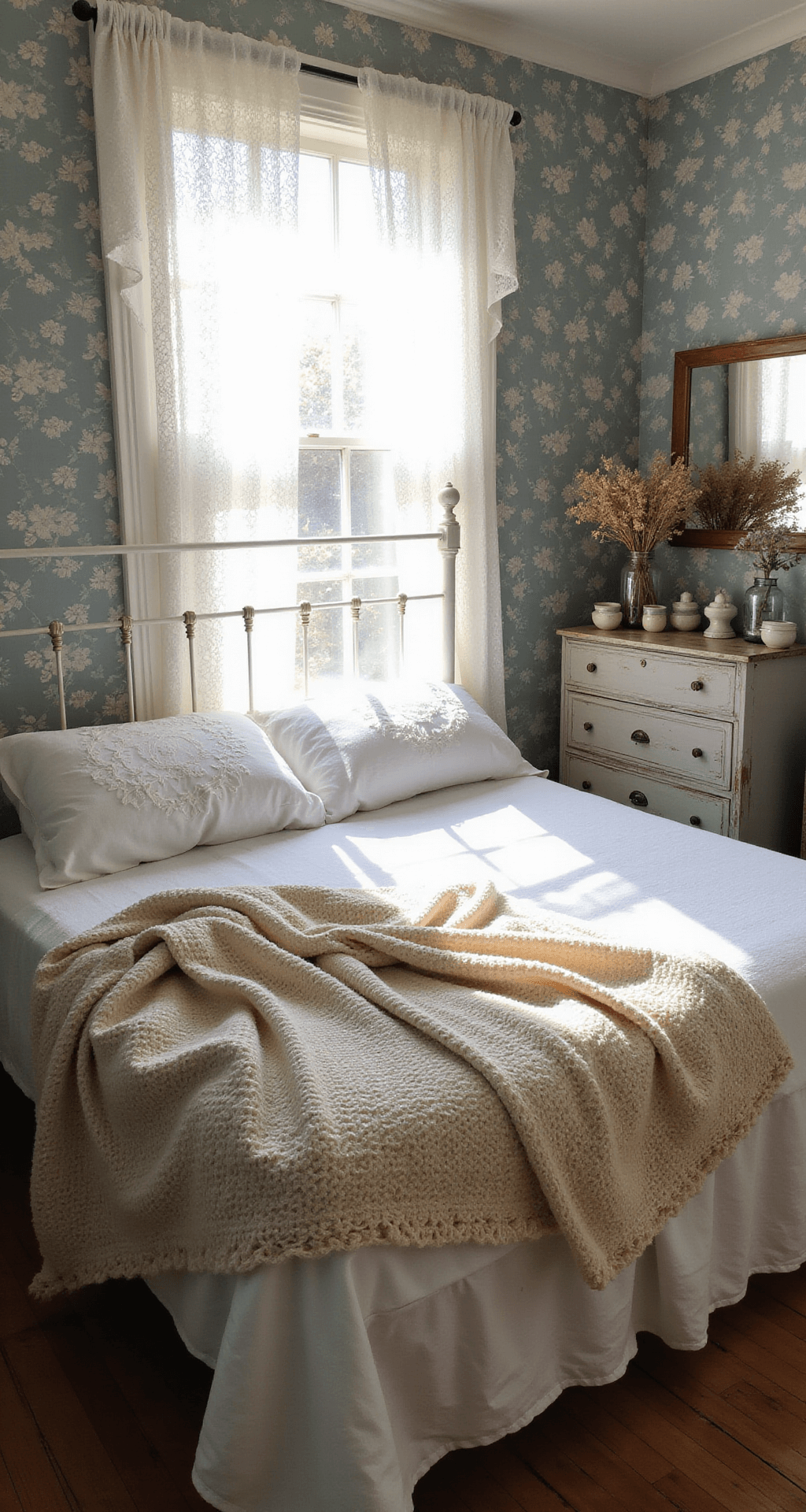Cozy bedroom nook featuring a whitewashed iron bed with a crocheted blanket, floral wallpaper, and early sunlight streaming through lace curtains, accompanied by a weathered oak dresser displaying ceramic figurines and dried flowers.