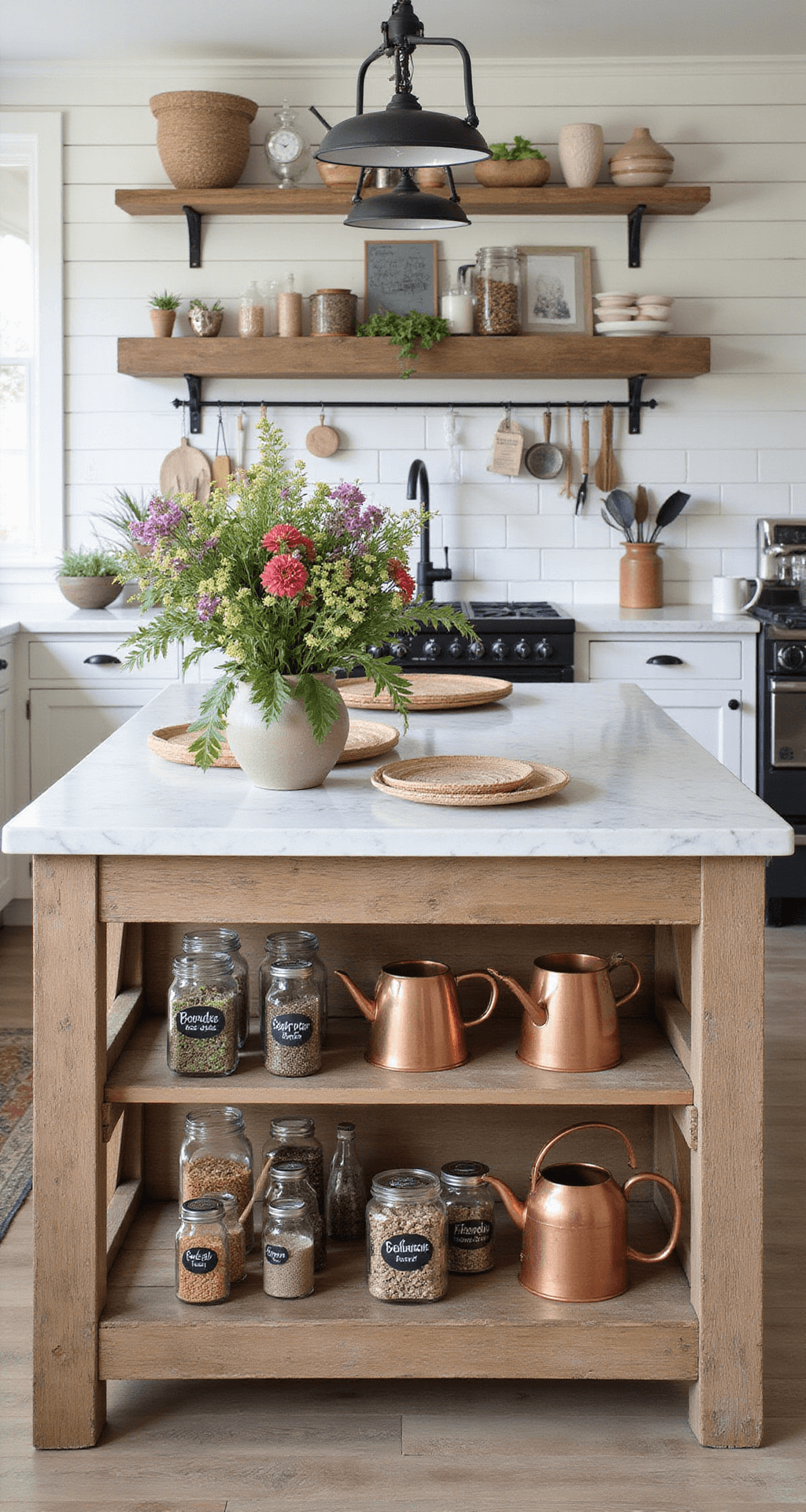 A modern farmhouse kitchen featuring white shiplap walls and matte black fixtures, with a central island showcasing organized seed storage in glass jars and terracotta pots, under early morning light. Copper watering cans and a fresh wildflower bouquet add color, surrounded by vintage garden tools.