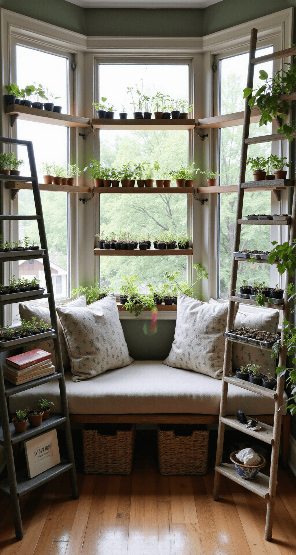 Cozy reading nook converted into a seed starting station with a bay window bench, surrounded by floating shelves of propagation trays, vintage ladder with hanging plants, and soft natural lighting, featuring botanical print pillows, gardening books, and rainbow effects from crystal prisms.