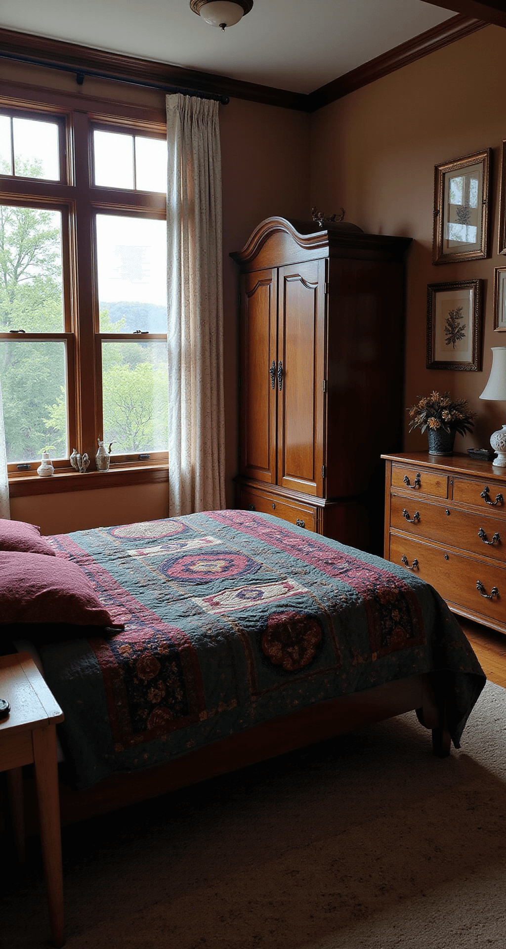 A cozy late afternoon scene in a 14x16ft bedroom featuring a massive mahogany armoire, a gallery wall of vintage botanical prints in brass frames, and a queen bed adorned with a jewel-toned handstitched quilt, all illuminated by warm lighting that highlights the rich wood tones and deep shadows.