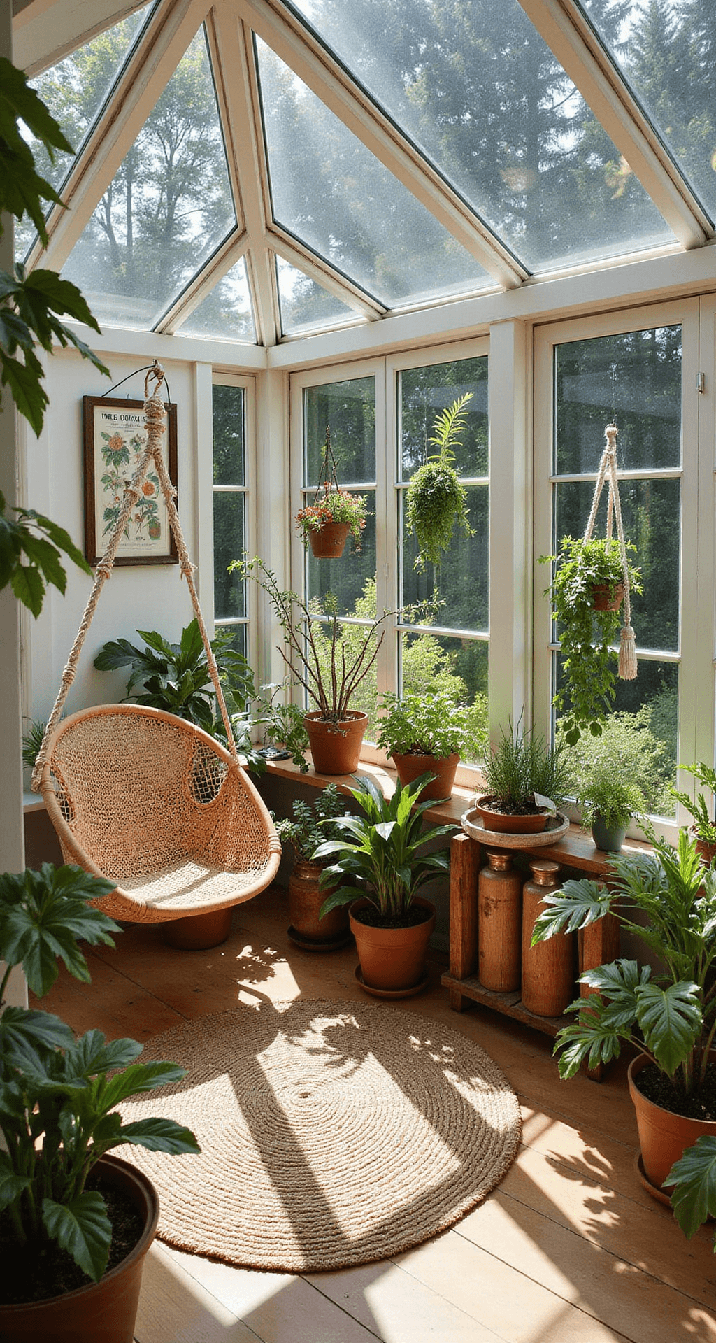 A bohemian sunroom transformed into an indoor garden sanctuary, featuring a rattan hanging chair surrounded by potted native wildflowers, macramé plant hangers, and reclaimed wood plant stands. The space, bright and airy with earth tones and splashes of wildflower colors, is illuminated by midday sun filtering through greenhouse windows, casting dramatic plant shadows on a natural jute rug, with vintage botanical posters and brass misting bottles accenting the decor.