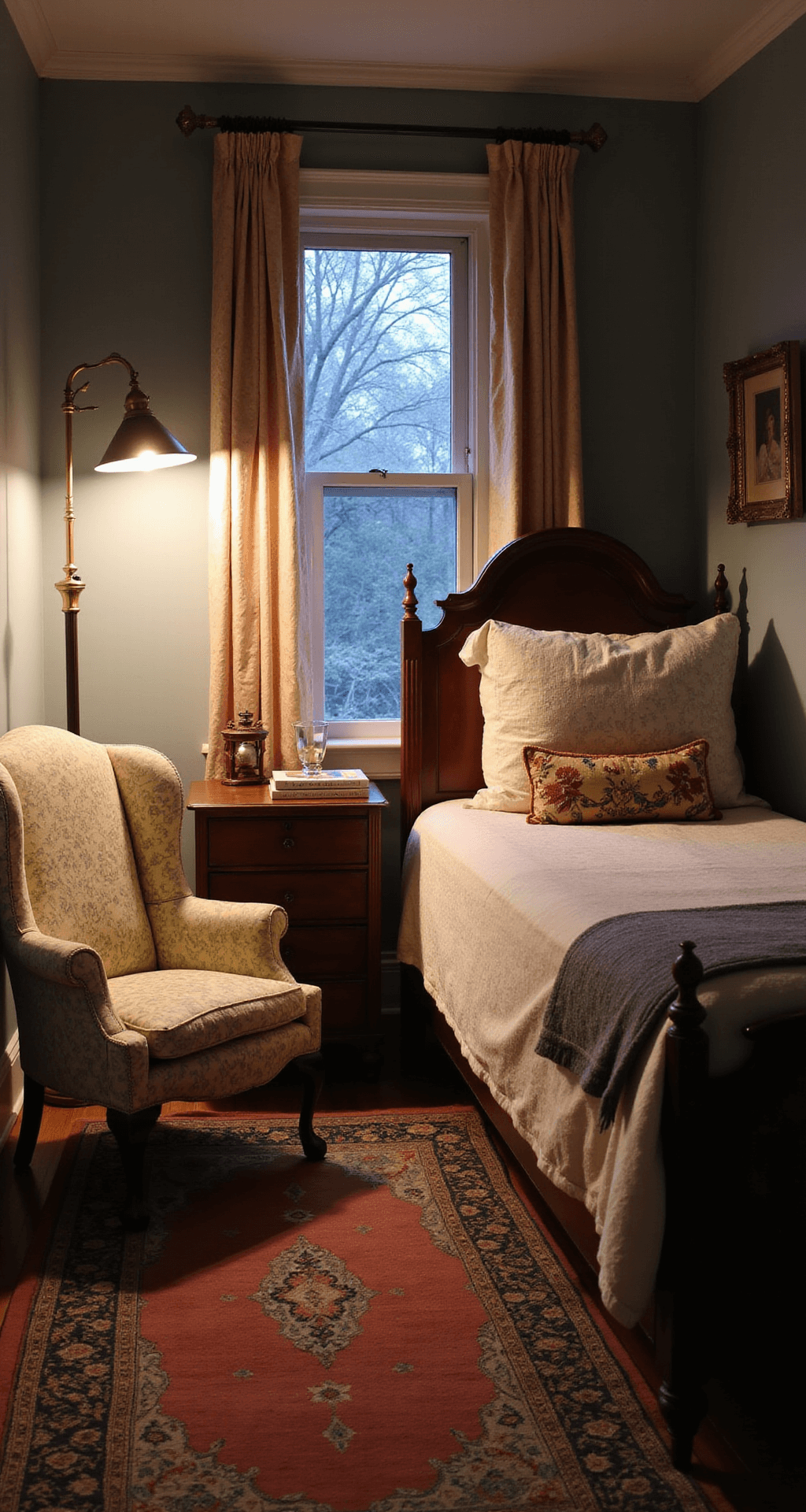 Cozy corner of a 12x13ft bedroom at dusk, featuring a faded chintz wingback chair, a warm brass floor lamp, a hand-knotted Persian rug, and a twin bed with a carved headboard dressed in vintage linens and needlepoint pillows, all bathed in soft mixed lighting.