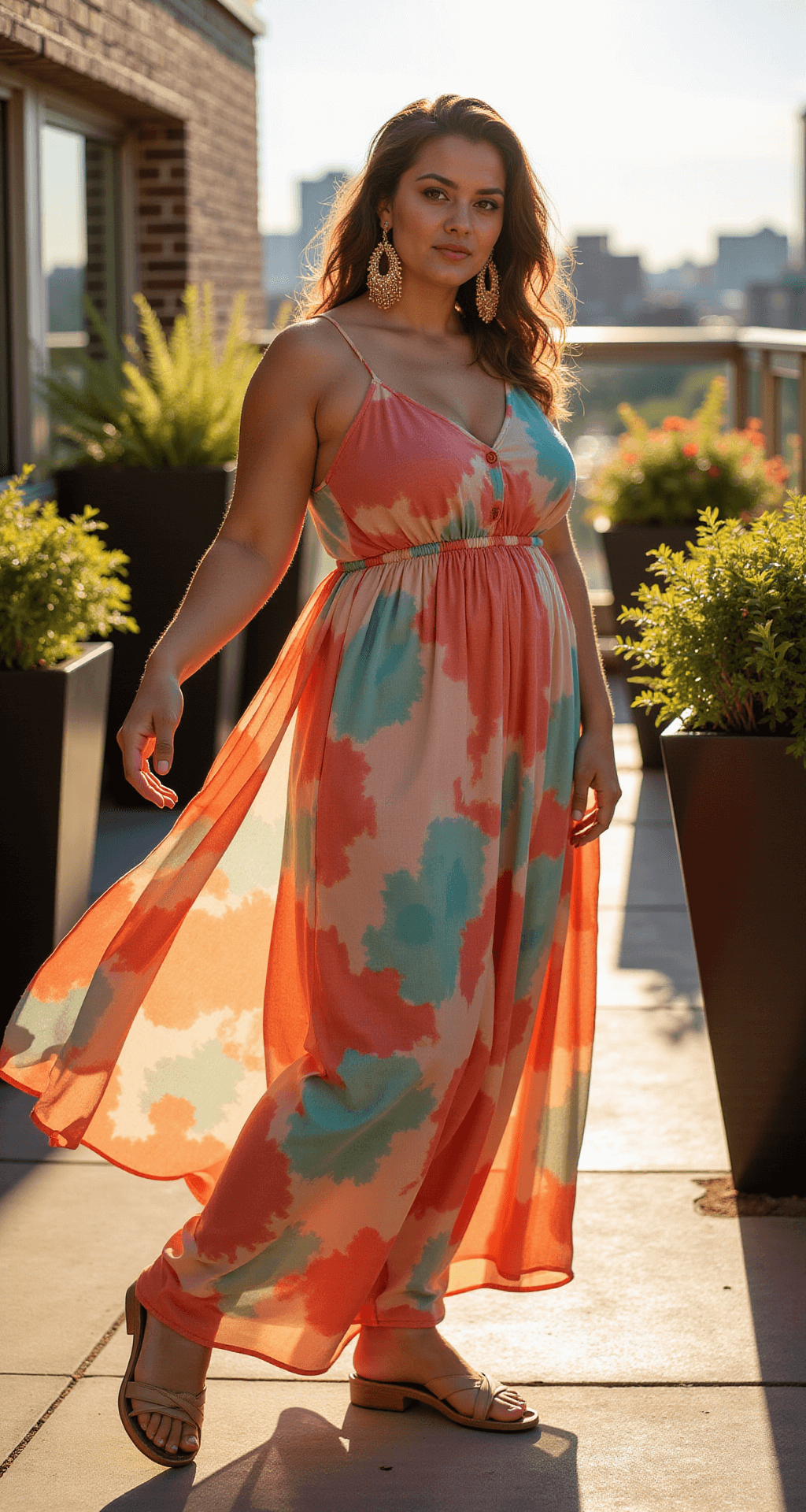 A plus-size model in a flowing watercolor print maxi dress stands on a sun-drenched NYC rooftop terrace, illuminated by golden hour light. The dress in shades of coral and turquoise billows in the breeze, complemented by modern planters and her loose waves. She wears statement gold earrings and nude strappy sandals, captured from a low angle with a shallow depth of field.