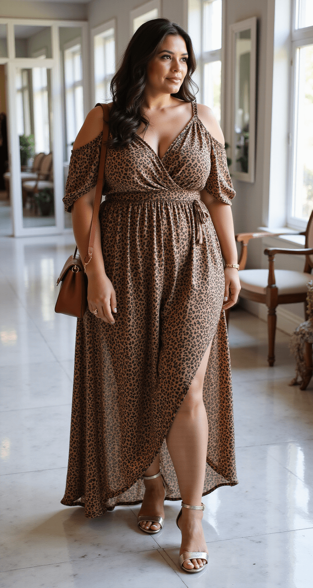 A plus-size woman in a leopard print cold-shoulder maxi dress admires herself in a bright boutique dressing room with marble floors. Natural light emphasizes the dress’s colors as she pairs it with metallic sandals and a cognac leather bag.