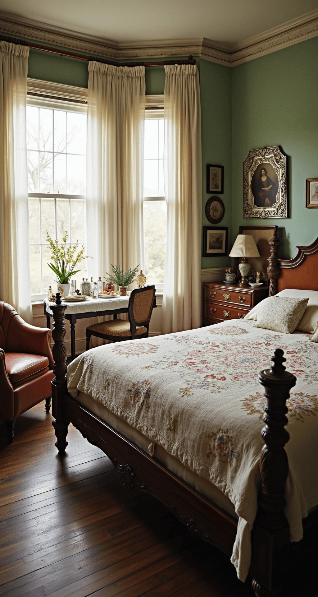Wide-angle view of a spacious Victorian-style bedroom featuring an ornate bed frame with hand-embroidered linens and a vintage quilt, complemented by a leather reading chair, a doily-topped dressing table, and an antique hope chest. Gentle spring light filters through sheer curtains, accentuating vintage perfume bottles and silver-framed mirrors.