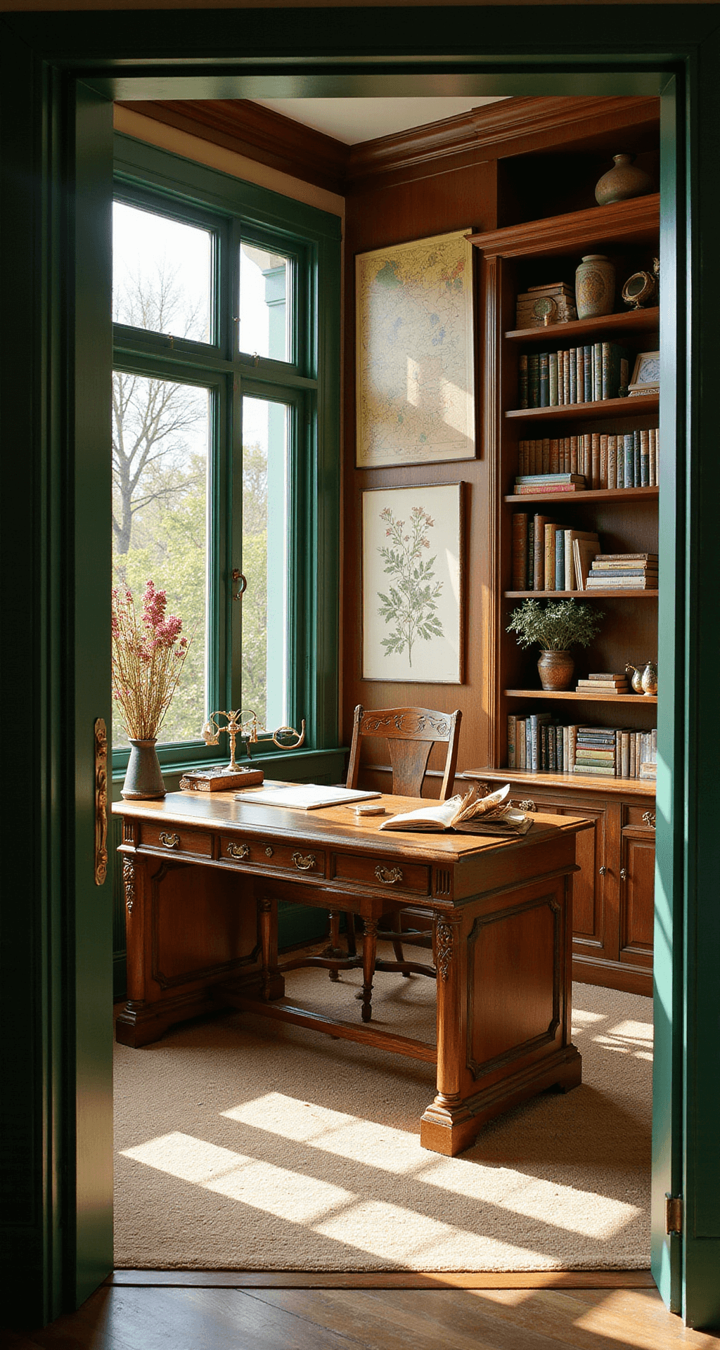 A Victorian-inspired garden planning room bathed in morning golden hour light, featuring an antique writing desk under tall windows, a gallery wall of vintage maps and pressed flower art, and built-in bookshelves filled with gardening references. The rich wood tones, emerald green accents, and brass details create a warm atmosphere, highlighted by magnifying glasses, leather-bound journals, and dried flower bundles, with dramatic shadows and light beams enhancing the scene.