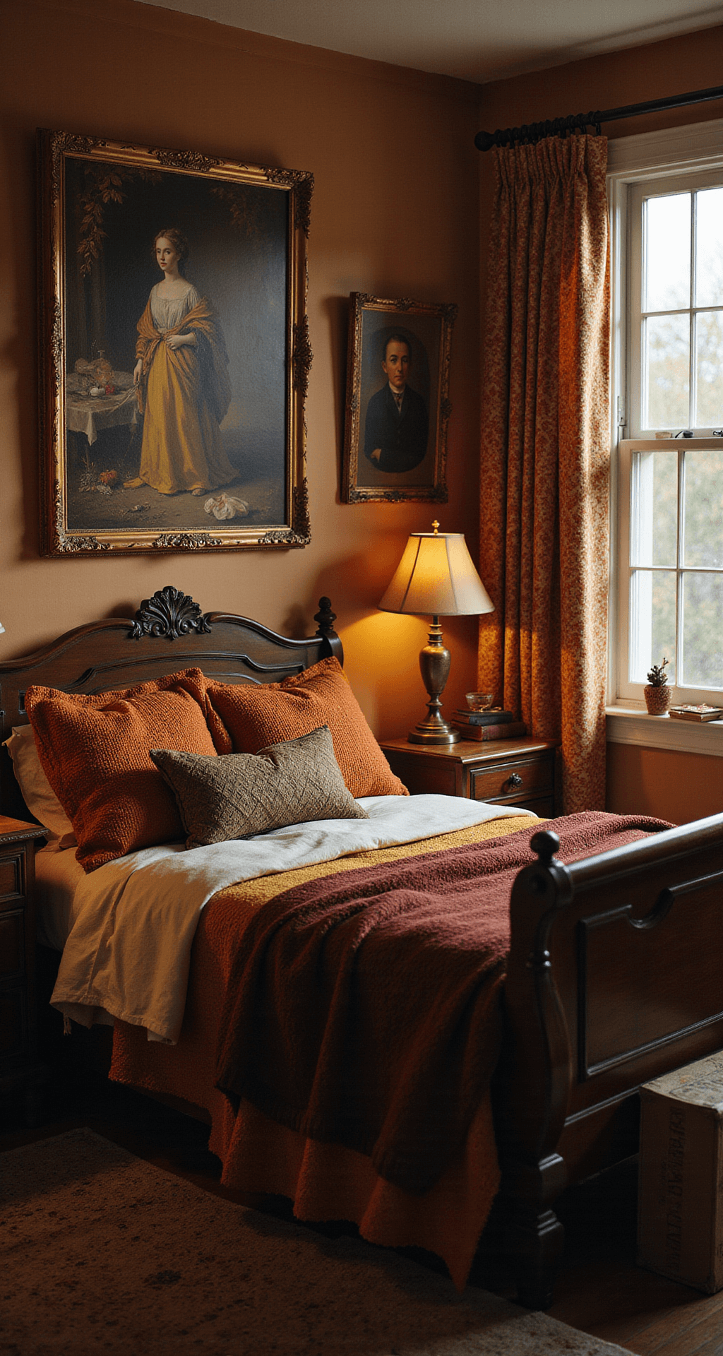 Detail-rich view of a twilight bedroom featuring a dark wood sleigh bed with handmade afghans in autumn tones, vintage oil paintings above, and ambient lighting from vintage table lamps.