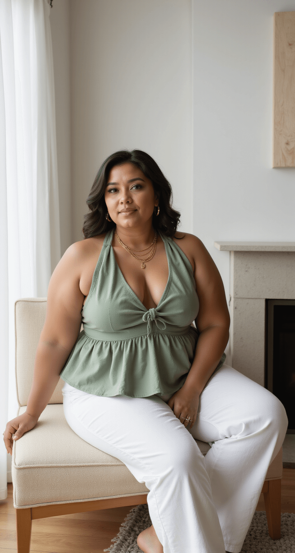 A plus-size model in a sage green linen halter top and white wide-leg linen pants sits on a cream bouclé chair in a modern minimalist living room, with late morning light filtering through sheer curtains, as she styles gold layered necklaces.