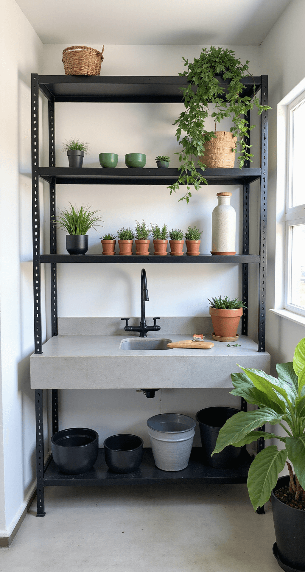 Contemporary minimalist potting station with black steel shelving, concrete countertop, and geometric planters, bathed in soft afternoon light, highlighting clean lines and green accents.