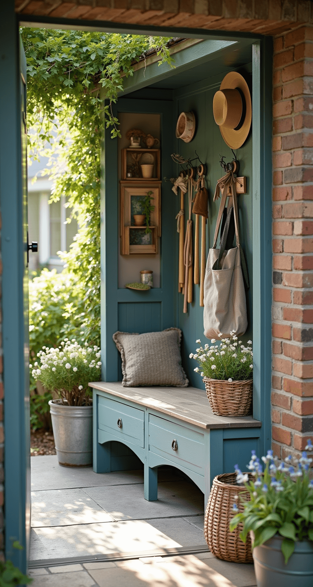 A cozy cottage-style mud room garden entrance featuring vintage lockers for garden tools, weathered brick walls, and slate flooring. The space includes a built-in bench with storage drawers, hooks with sun hats and garden aprons, complemented by galvanized containers, woven baskets, and fresh-cut wildflowers, all illuminated by warm, dappled morning light.