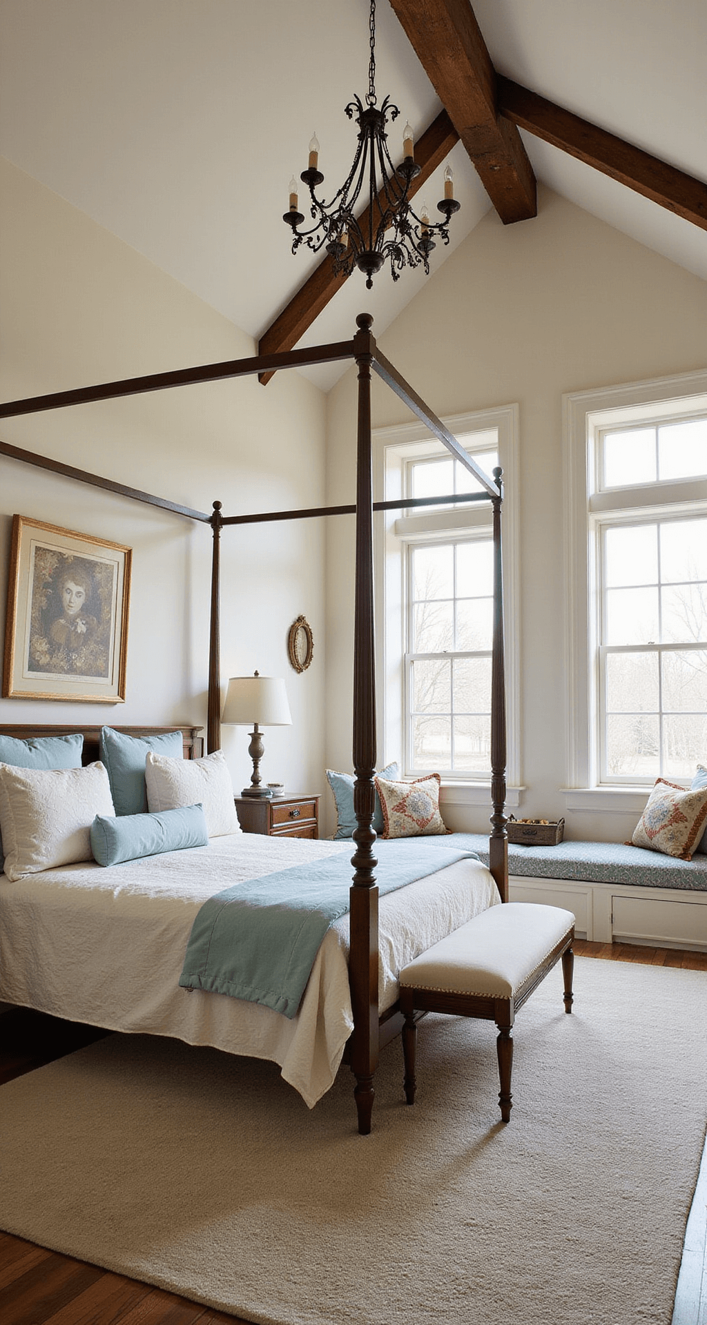 A spacious 16x20ft bedroom at dawn featuring exposed wooden beams, a wrought-iron chandelier above a canopy bed with vintage French linens, and built-in window seats adorned with needlepoint cushions, all illuminated by soft morning light.
