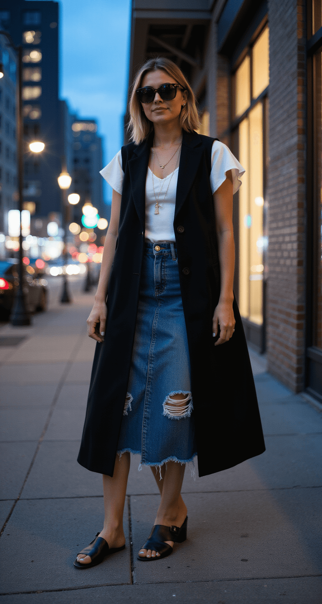 A woman in a black long vest over a white flutter sleeve top and frayed denim midi skirt stands at an urban street corner during blue hour, surrounded by city lights. She wears black croc leather sandals and oversized tortoise sunglasses, with contemporary architecture in the background. The photo is taken from street level, capturing a moody editorial style.