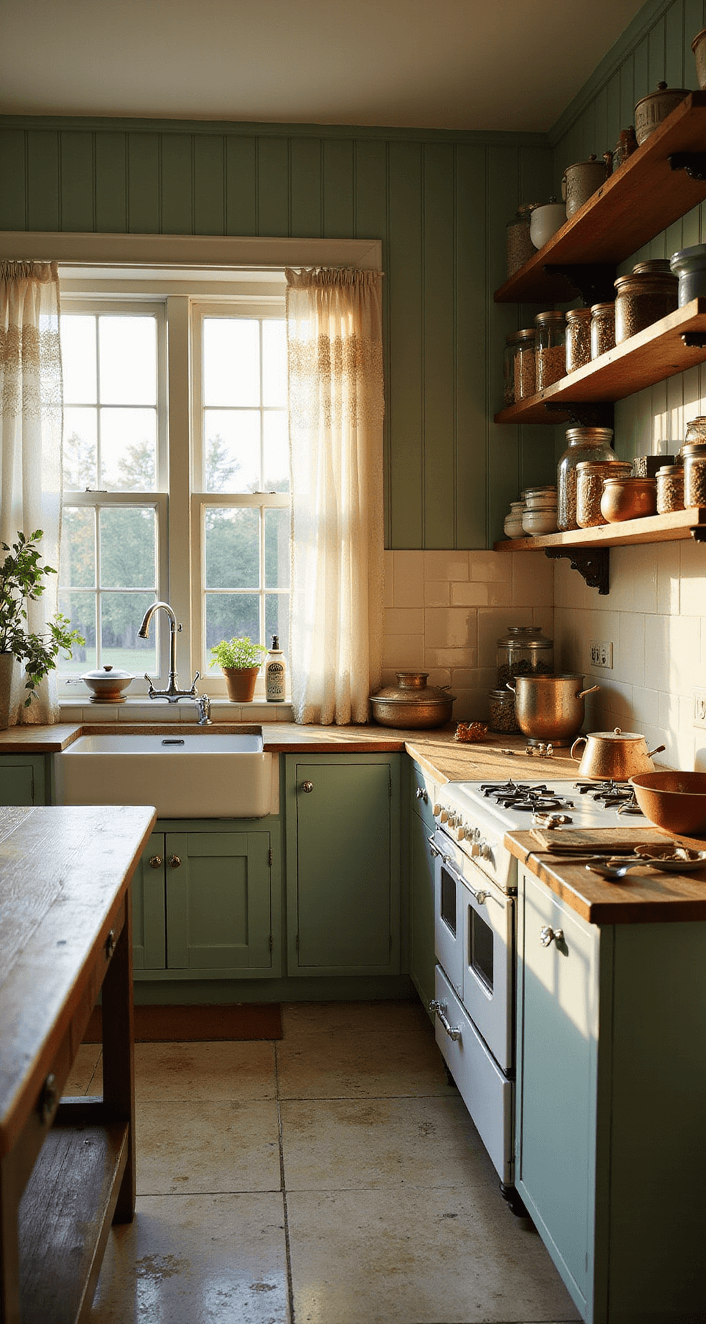 A sunlit farmhouse kitchen with mint green beadboard walls and cream subway tiles, featuring a vintage white enamel stove, a weathered oak island adorned with mismatched ceramic bowls and copper cookware, and lace curtains filtering warm light across butcher block counters, all viewed from a corner angle that emphasizes depth and soft shadows.