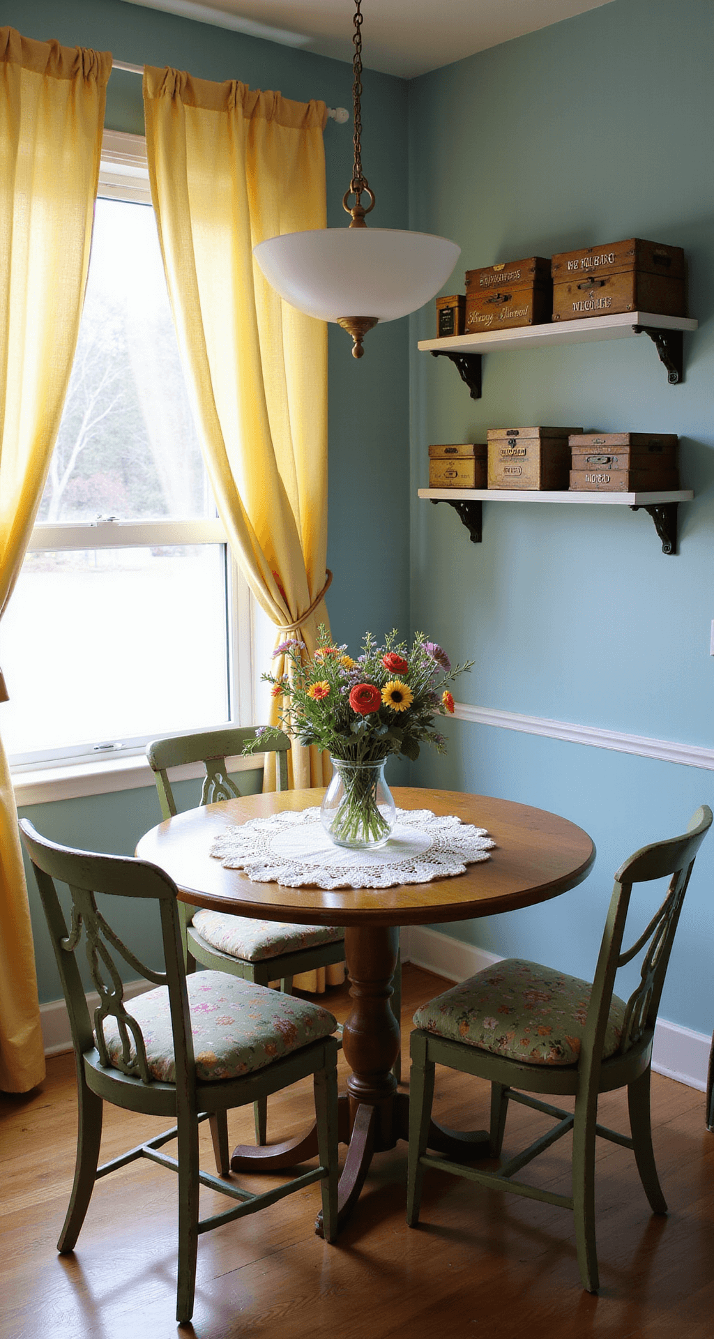 A cozy breakfast nook featuring powder blue walls and butter yellow curtains, with a round oak pedestal table adorned with a doily and wildflowers in a vase, surrounded by chippy painted chairs with floral cushions, and a vintage recipe box collection on floating shelves, all bathed in gentle morning light.
